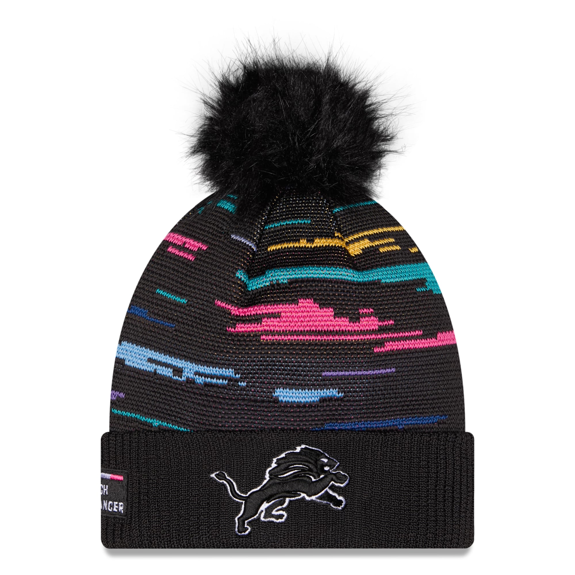 Bonnet à revers New Era noir Detroit Lions 2026 NFL Crucial Catch pour femme avec pompon