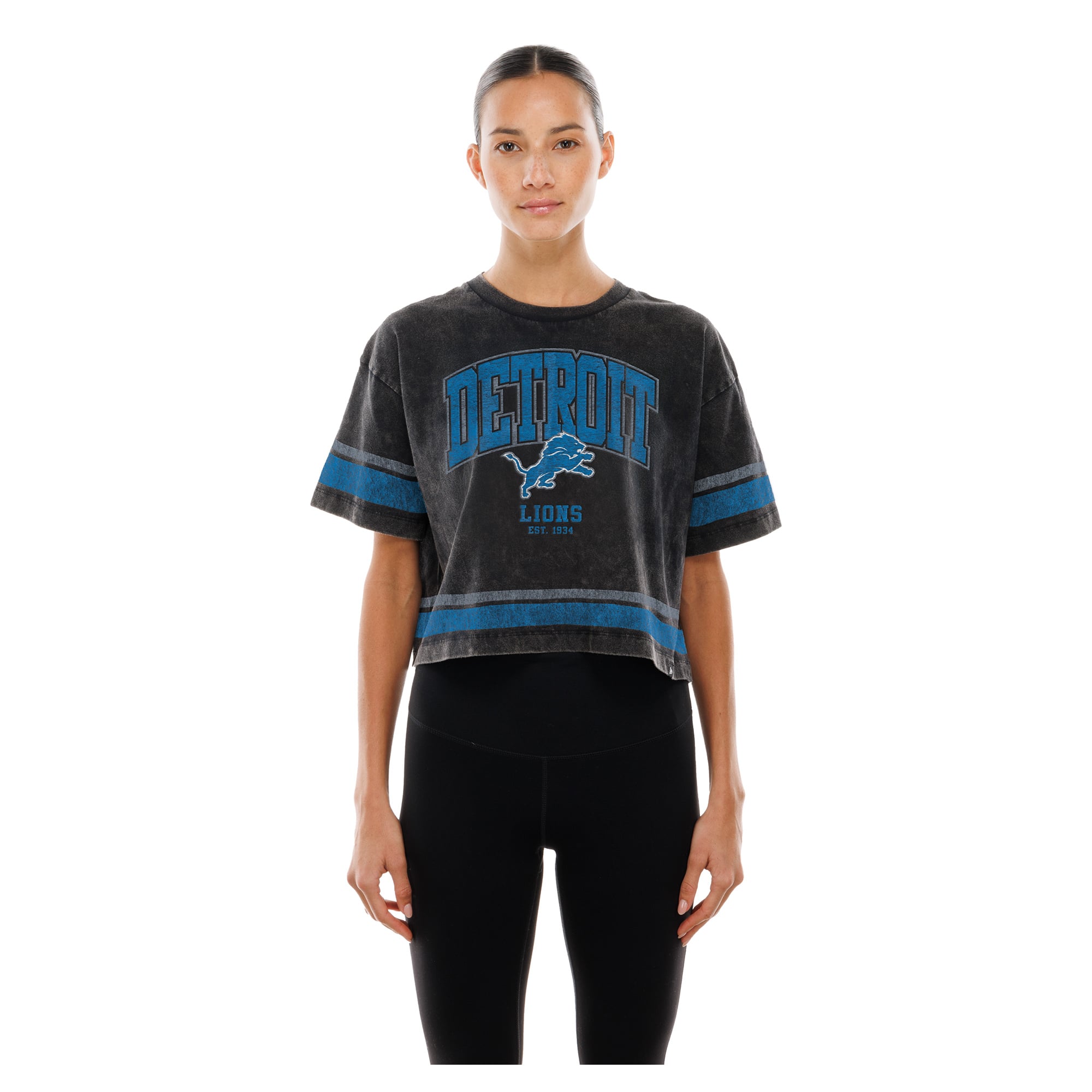 Women's New Era Black Detroit Lions Lifestyle Mineral Wash Boxy Cropped T-Shirt