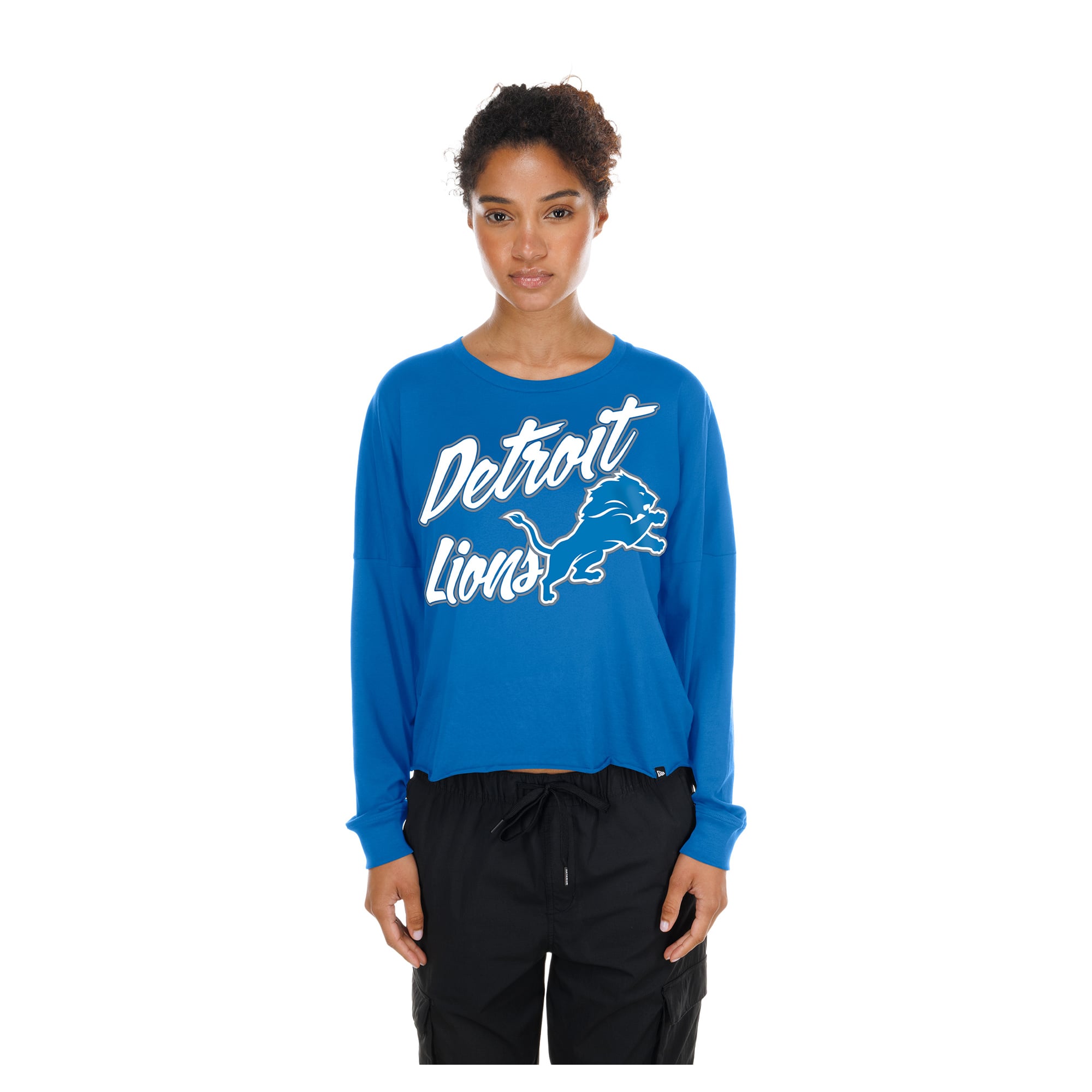 T-shirt court oversize à manches longues New Era bleu Detroit Lions pour femme