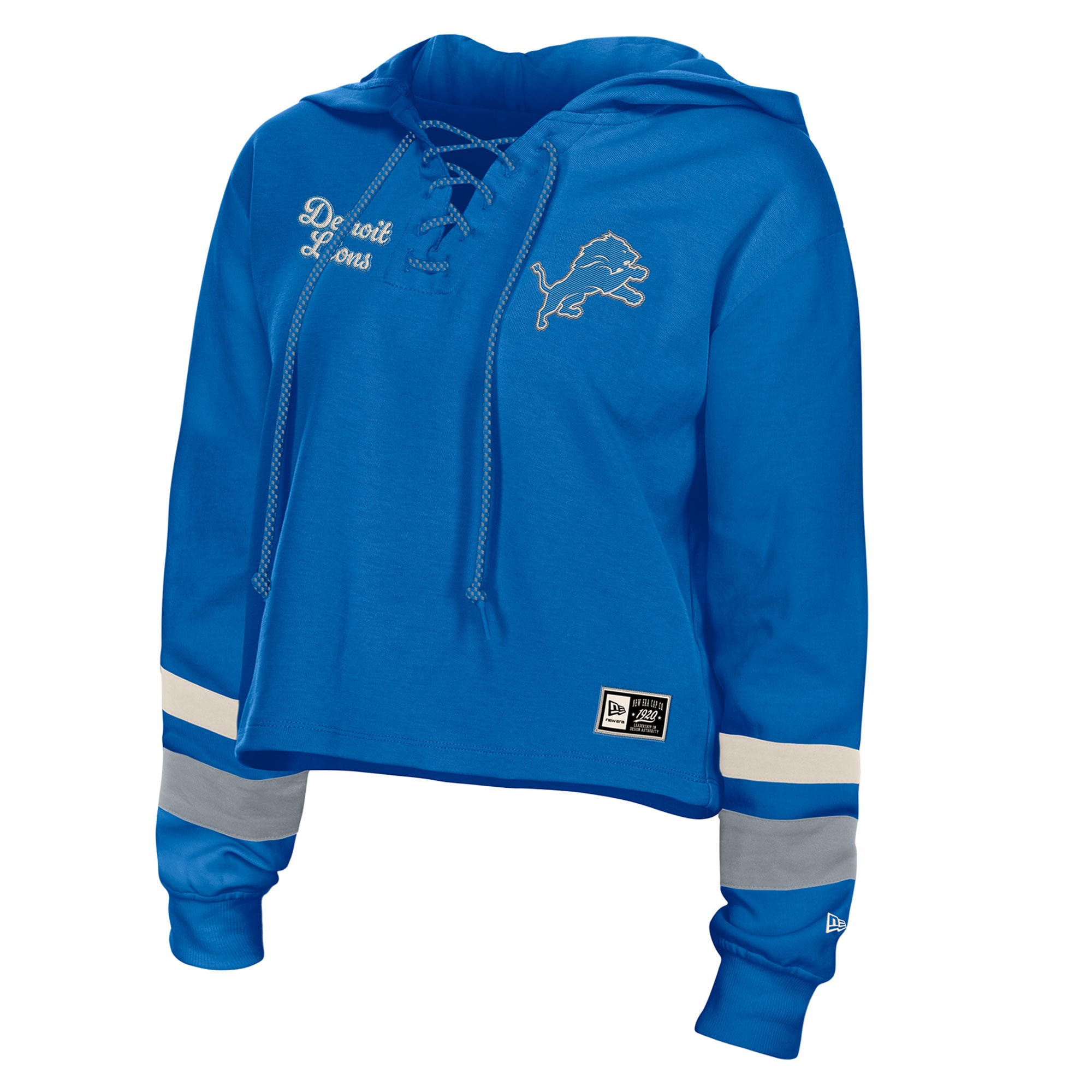 Sweat à capuche court rétro lacets New Era bleu Detroit Lions pour femme, grandes tailles