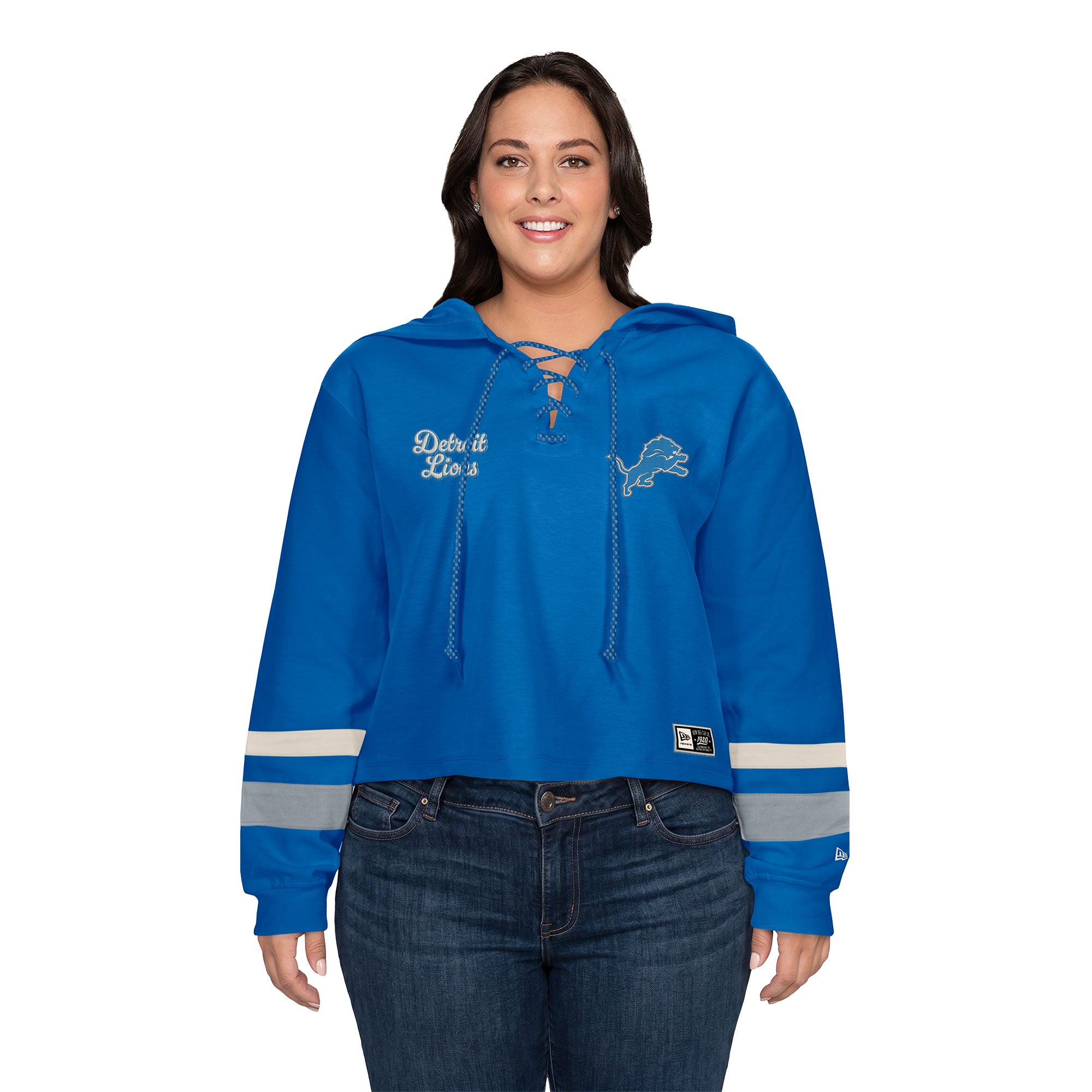 Sweat à capuche court rétro lacets New Era bleu Detroit Lions pour femme, grandes tailles