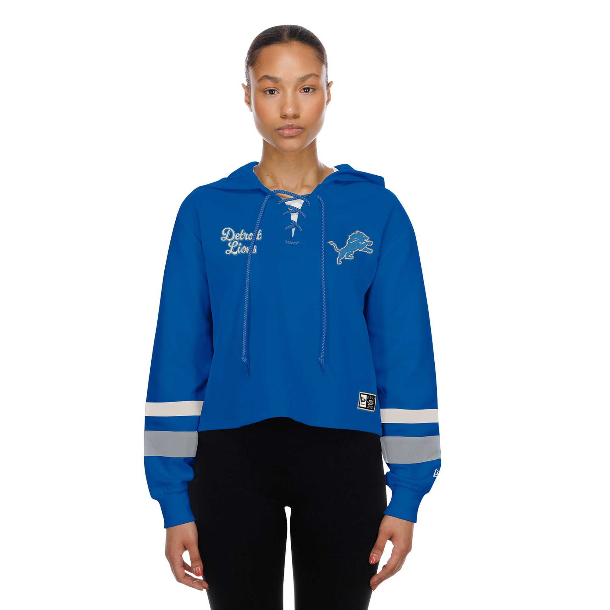 Sweat à capuche rétro lacets New Era bleu Detroit Lions pour femme