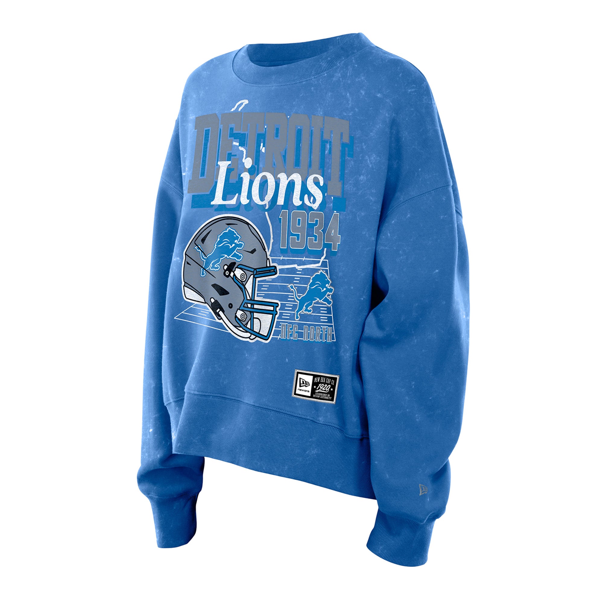Sweat-shirt à col rond en molleton délavé bleu Detroit Lions pour femme, style rétro, New Era.