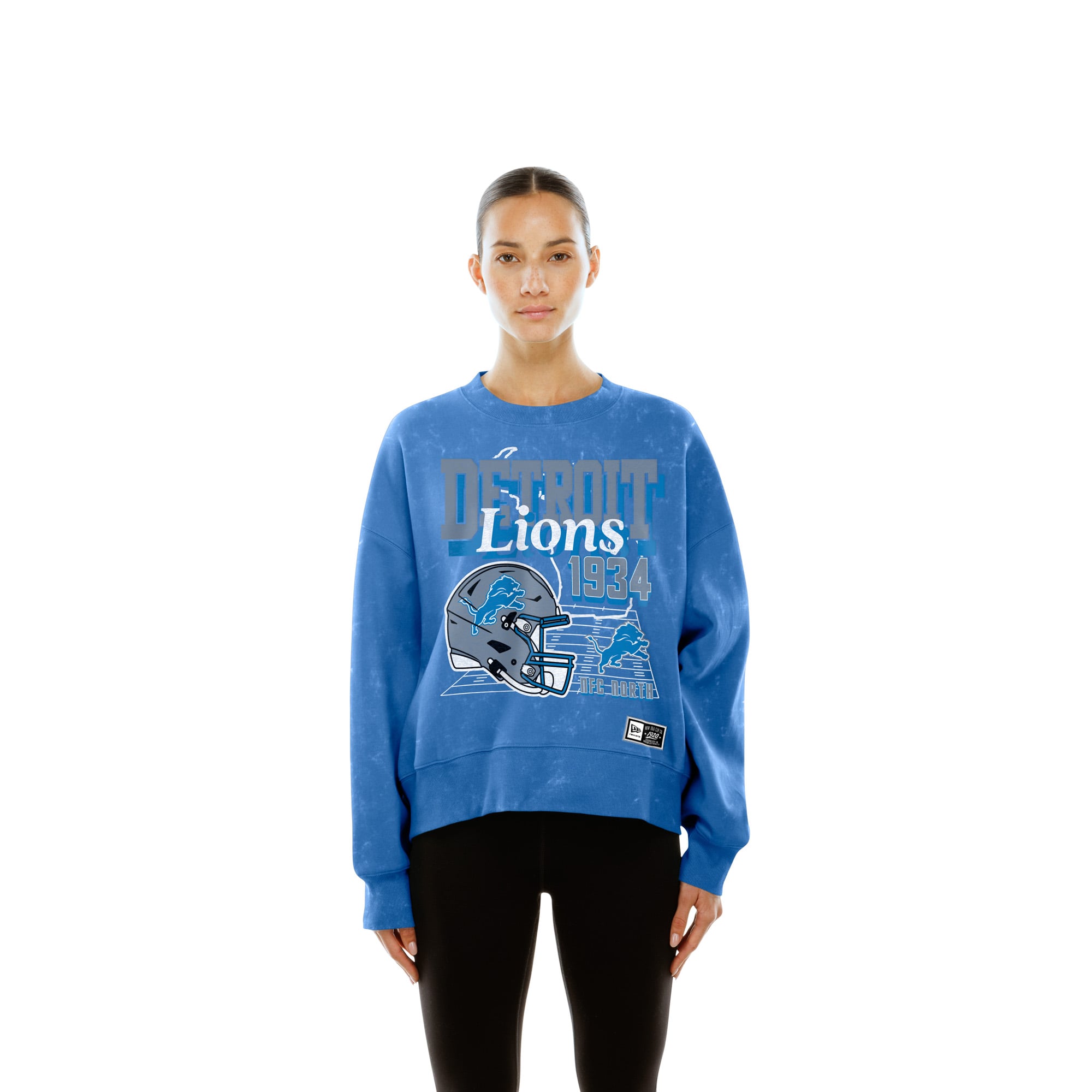 Sweat-shirt à col rond en molleton délavé bleu Detroit Lions pour femme, style rétro, New Era.