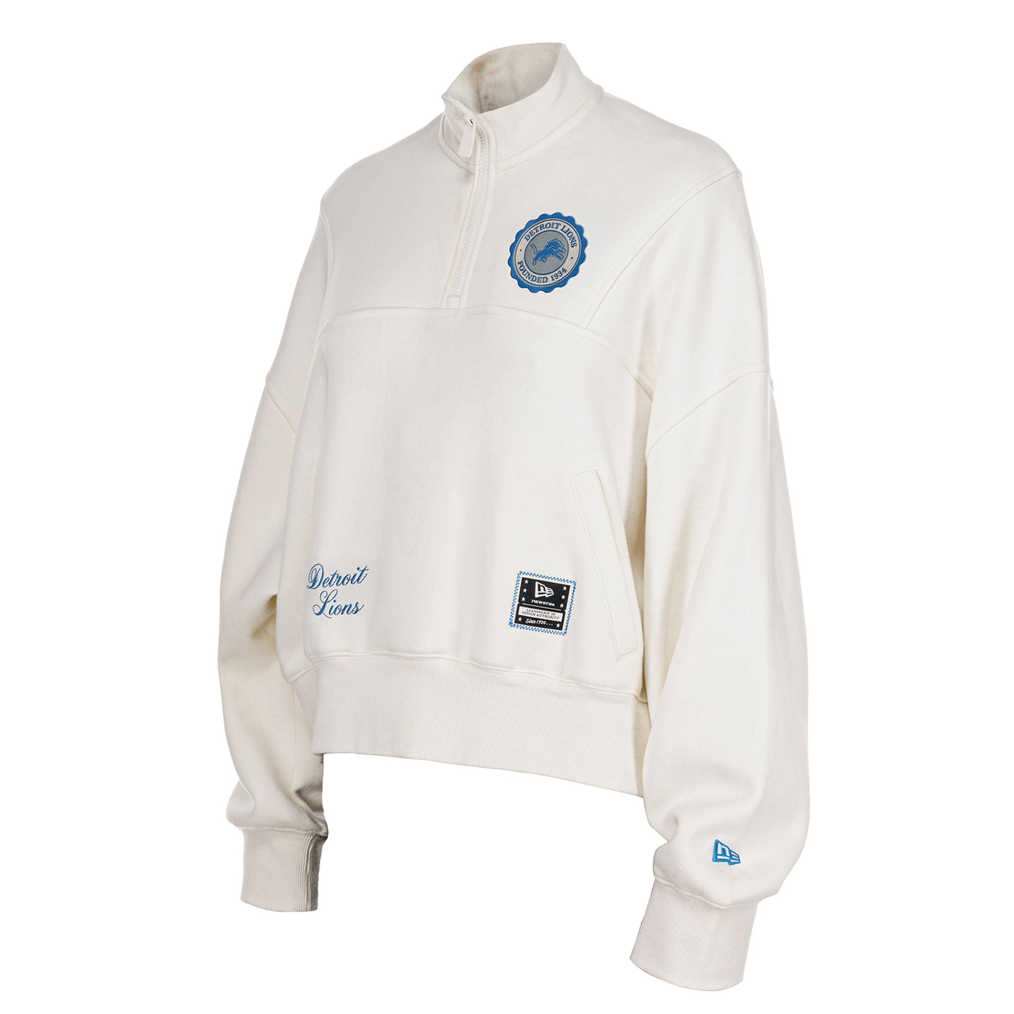 Pull à col zippé New Era crème Detroit Lions Academic pour femme
