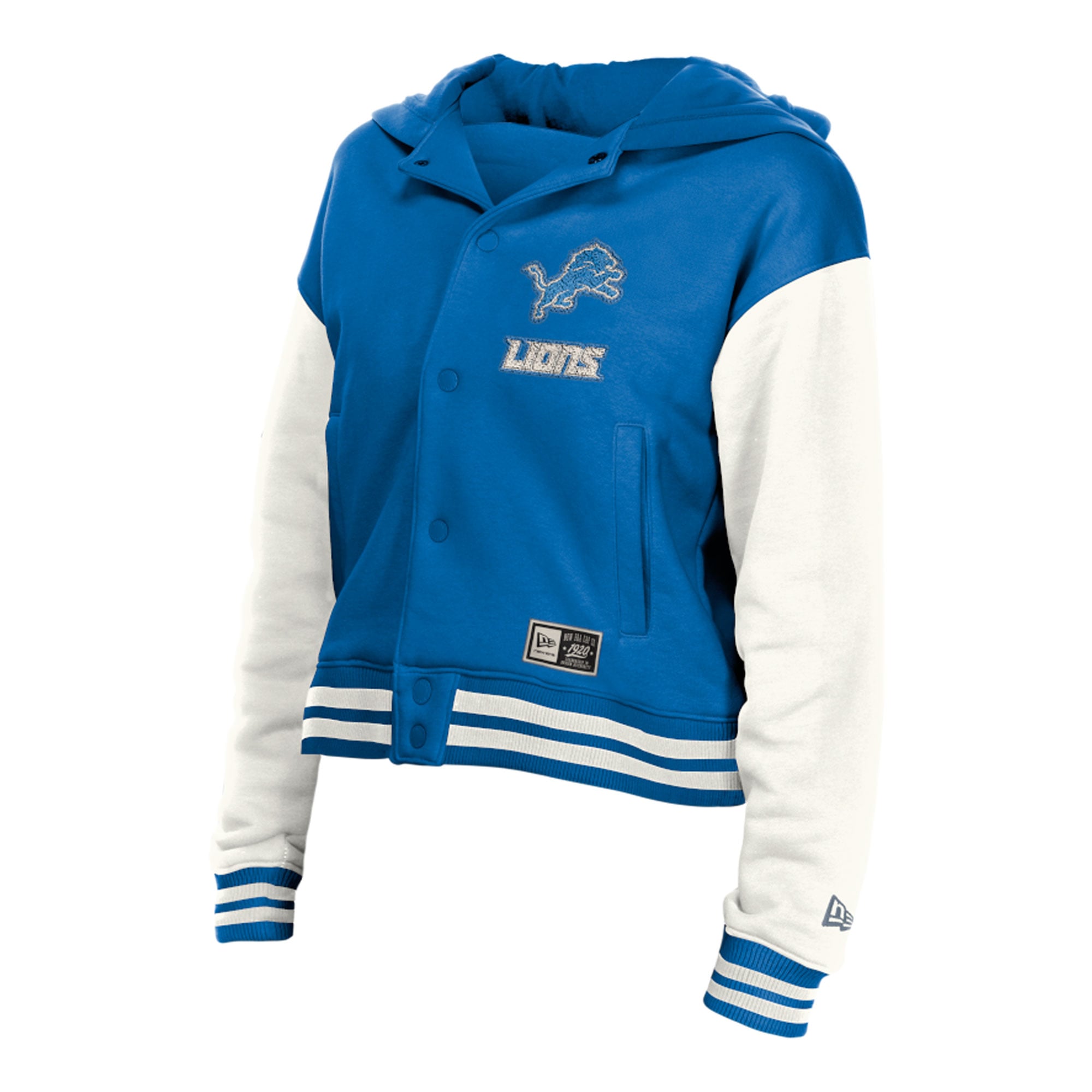 Veste à capuche New Era Detroit Lions bleue rétro pour femme, fermeture boutons-pression.