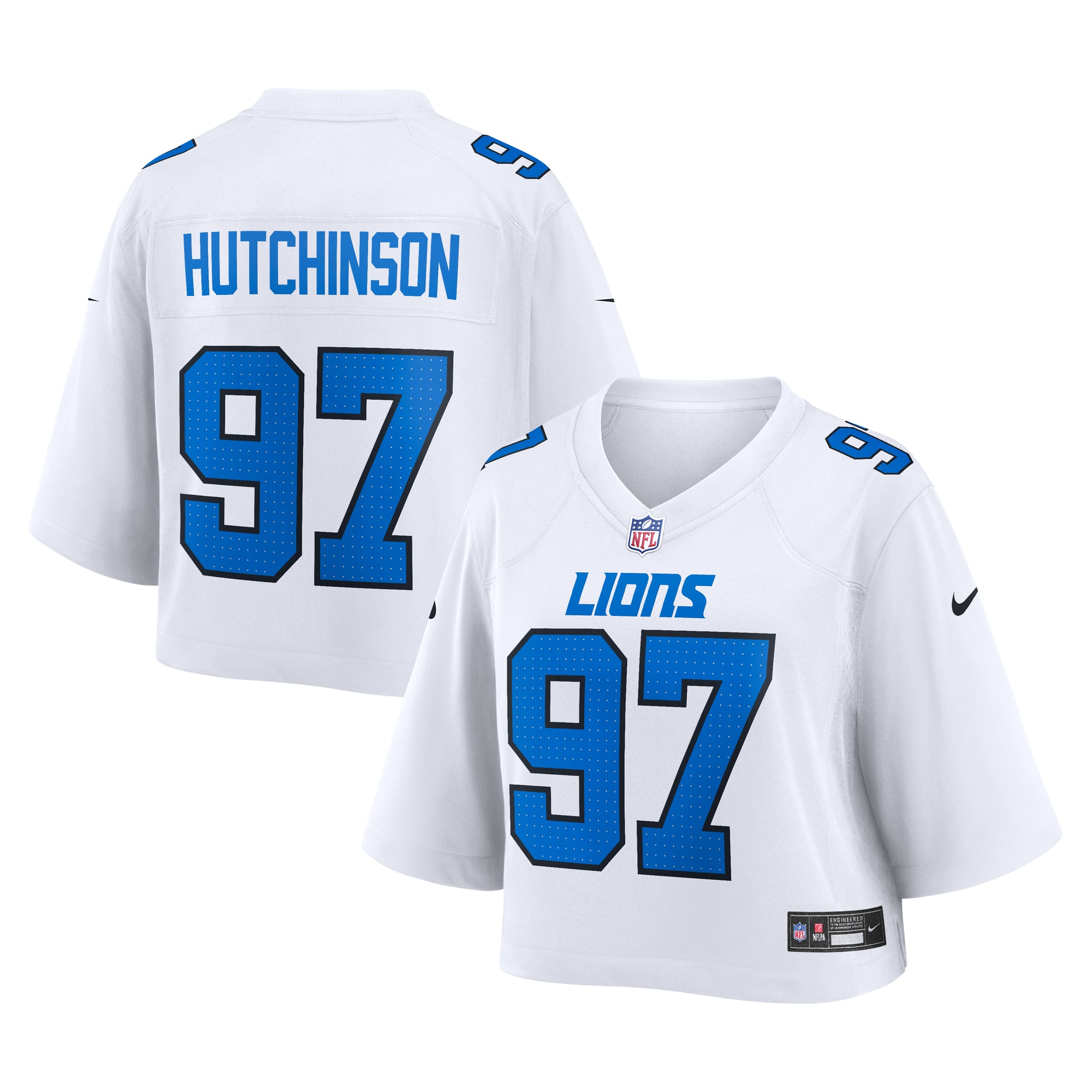Maillot de match court Nike Aidan Hutchinson blanc des Lions Détroit pour femme