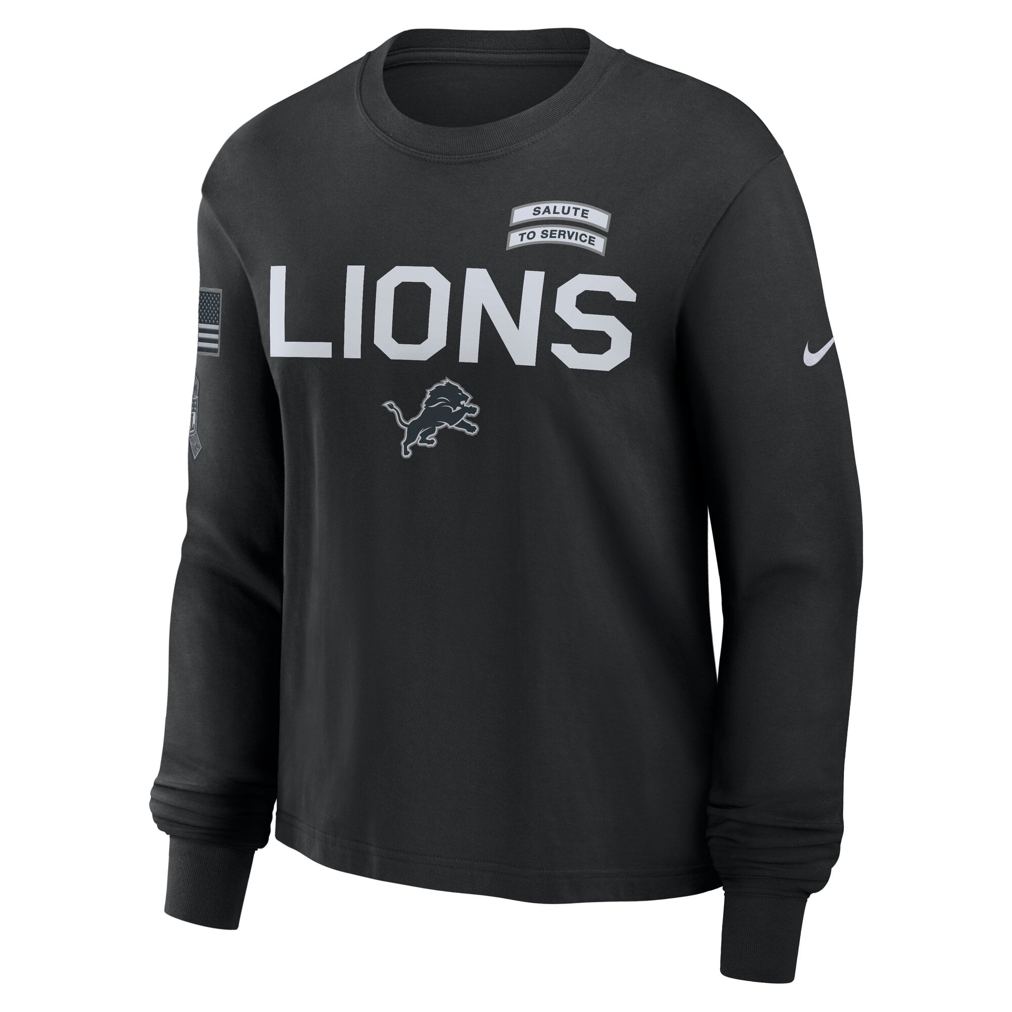 T-shirt à manches longues Nike Detroit Lions noir pour femme, édition spéciale 2026 « Salute to Service Sideline ».