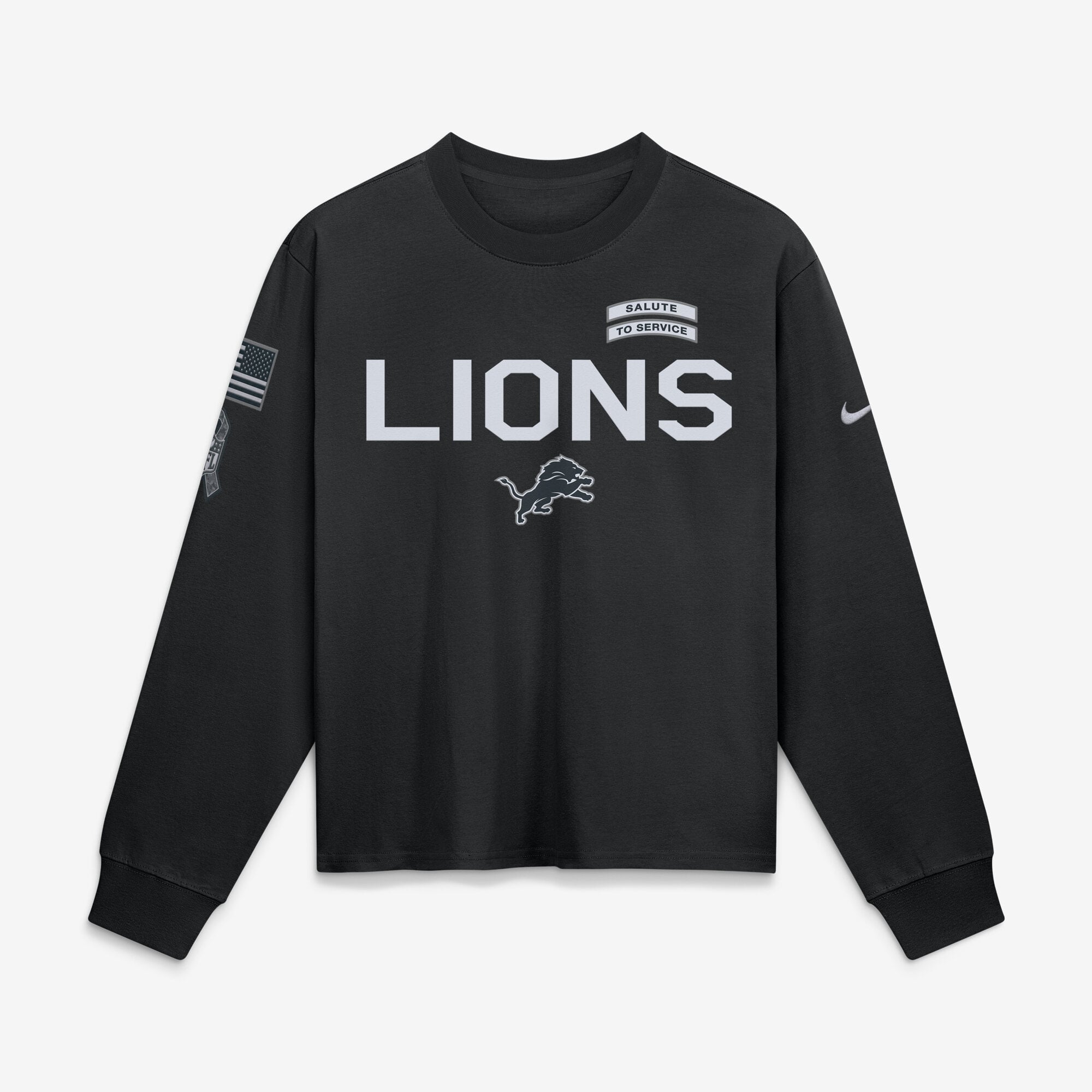 T-shirt à manches longues Nike Detroit Lions noir pour femme, édition spéciale 2026 « Salute to Service Sideline ».