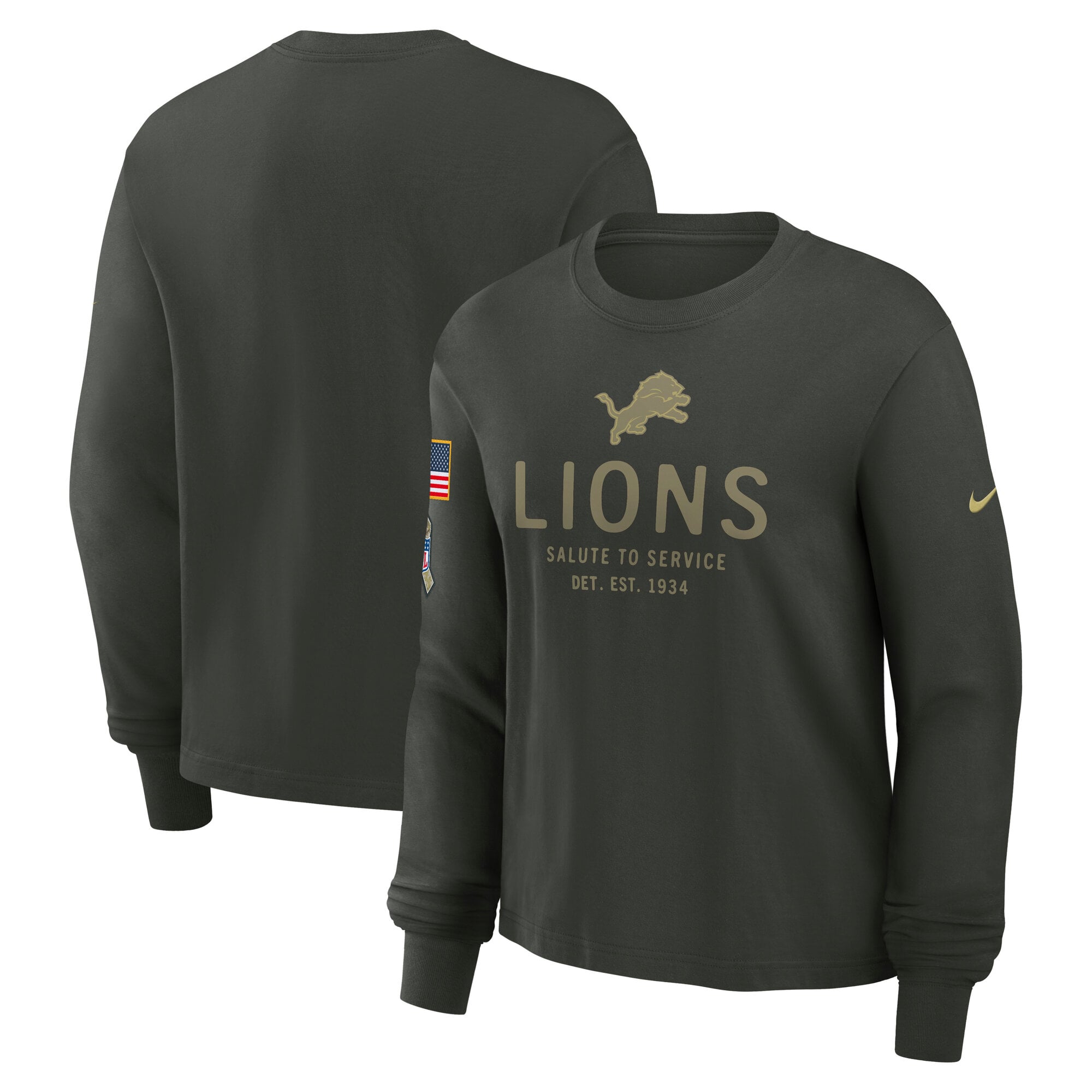 T-shirt Nike vert foncé Detroit Lions 2025 Salute to Service Sideline Dri-FIT à manches longues pour femme