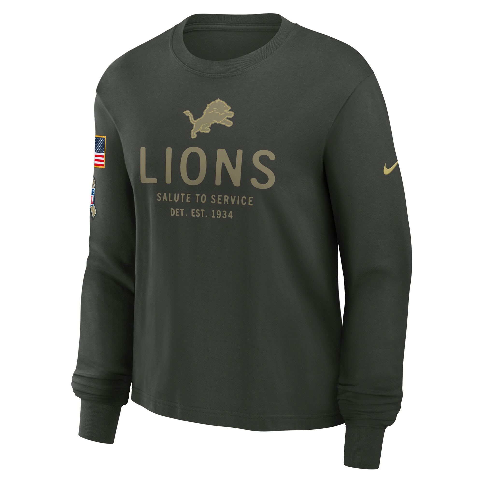 T-shirt Nike vert foncé Detroit Lions 2025 Salute to Service Sideline Dri-FIT à manches longues pour femme
