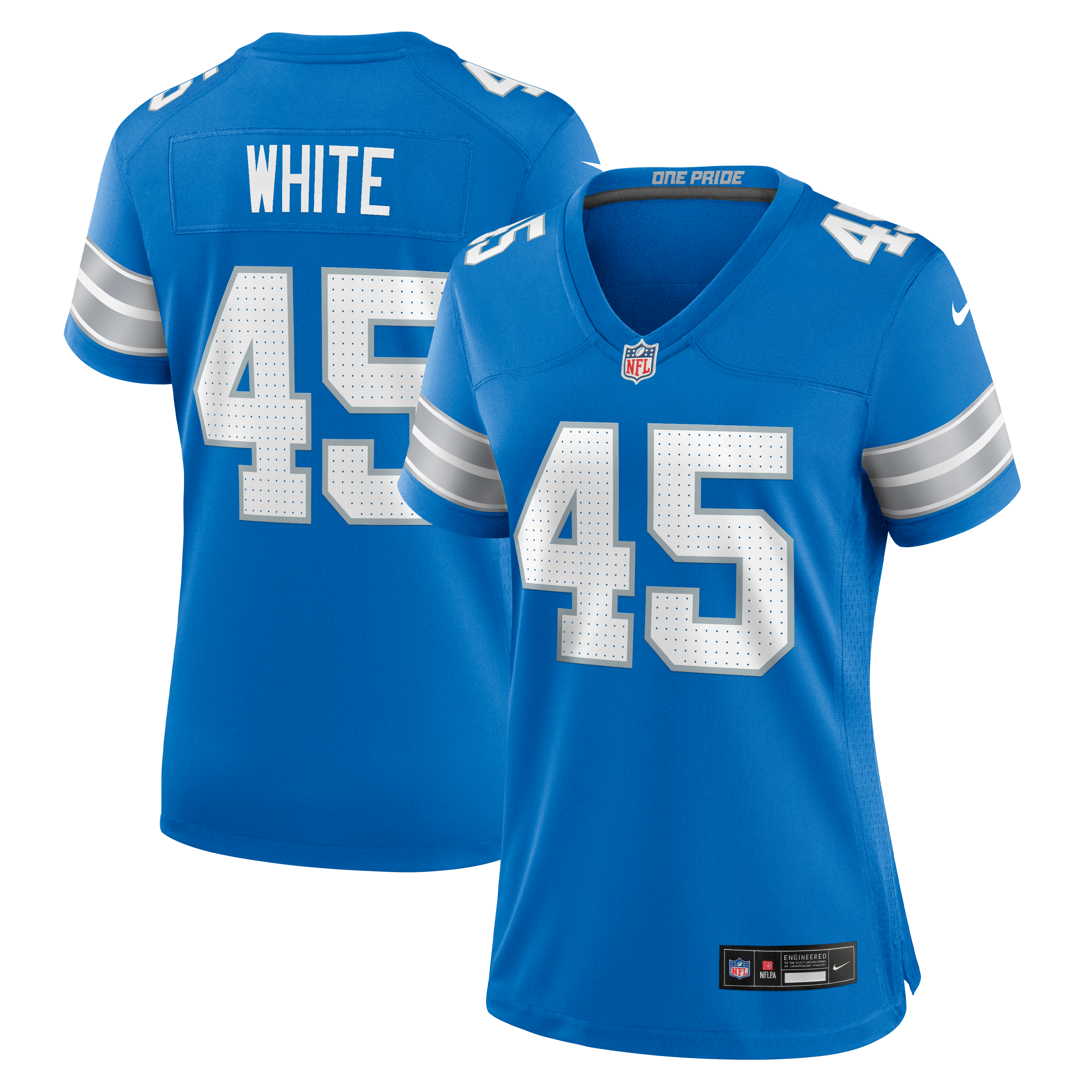Maillot de match Nike Devin blanc et bleu pour femme, Detroit Lions.