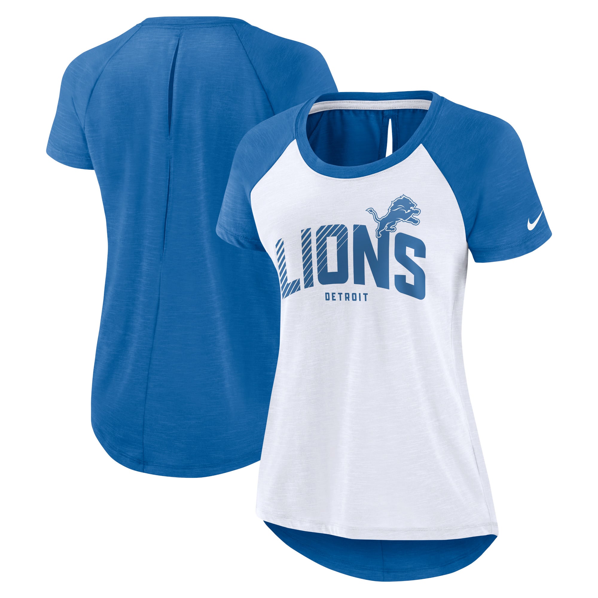 T-shirt raglan à découpe arrière Nike pour femmes, blanc/bleu chiné, Detroit Lions