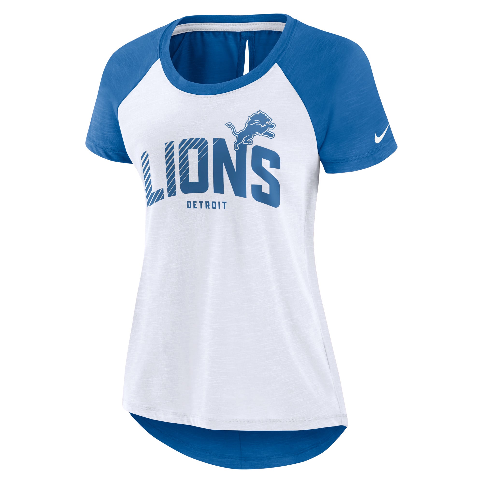 T-shirt raglan à découpe arrière Nike pour femmes, blanc/bleu chiné, Detroit Lions