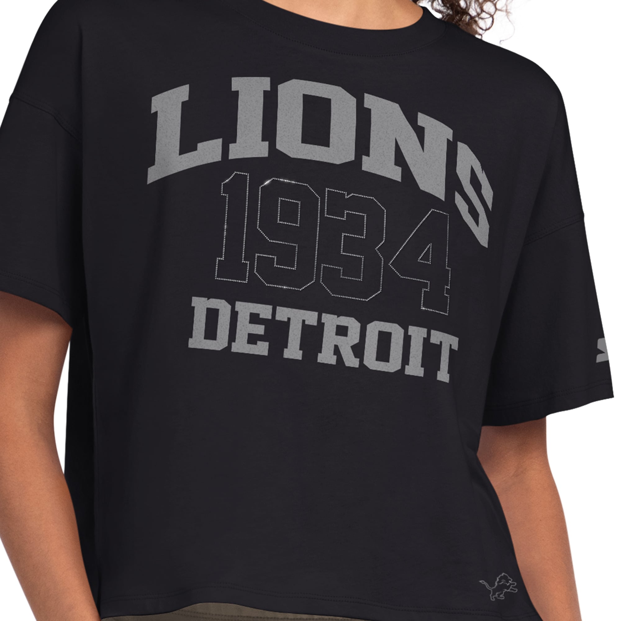 T-shirt court à strass Detroit Lions noir Starter pour femme