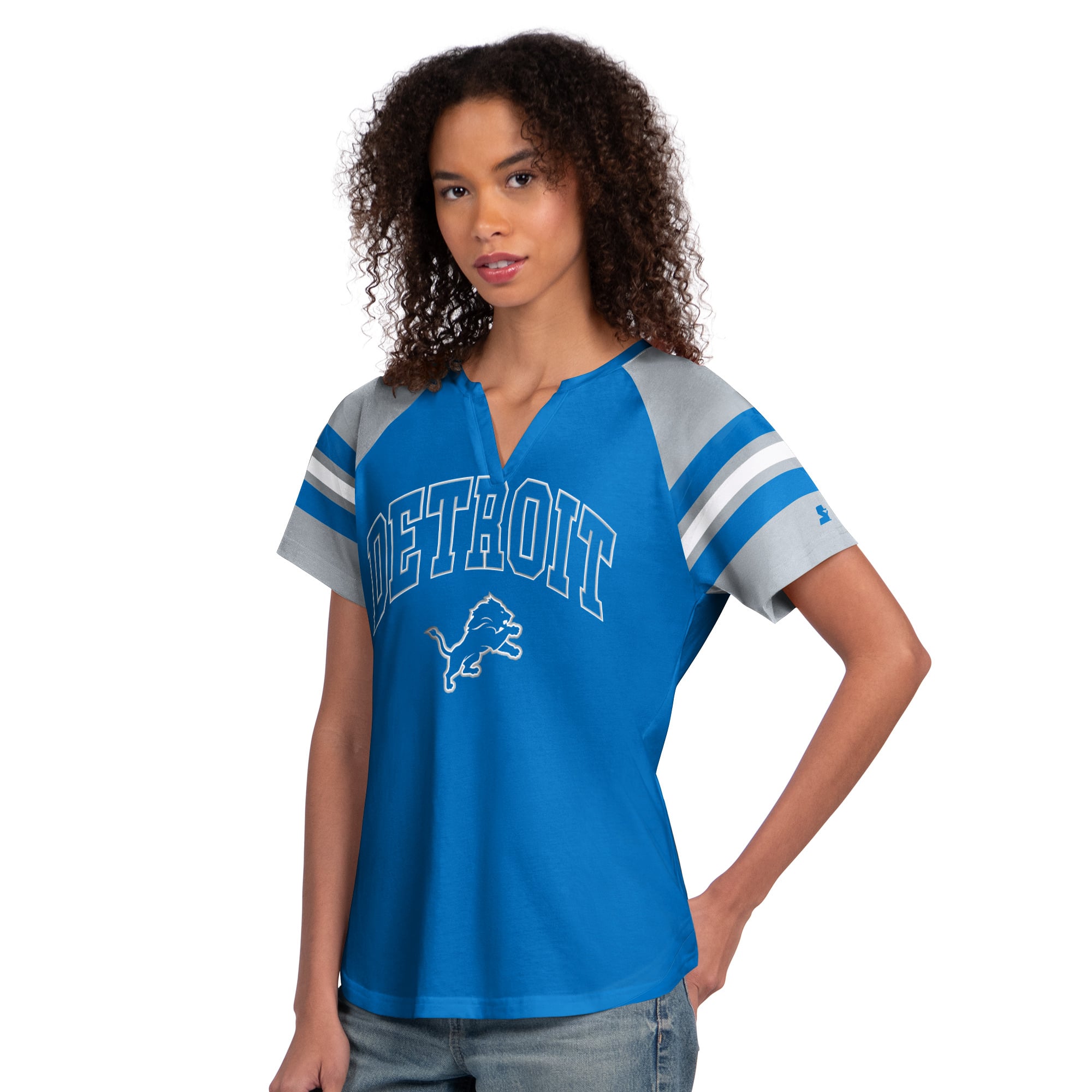 T-shirt raglan à col cranté Starter Blue Detroit Lions pour femmes