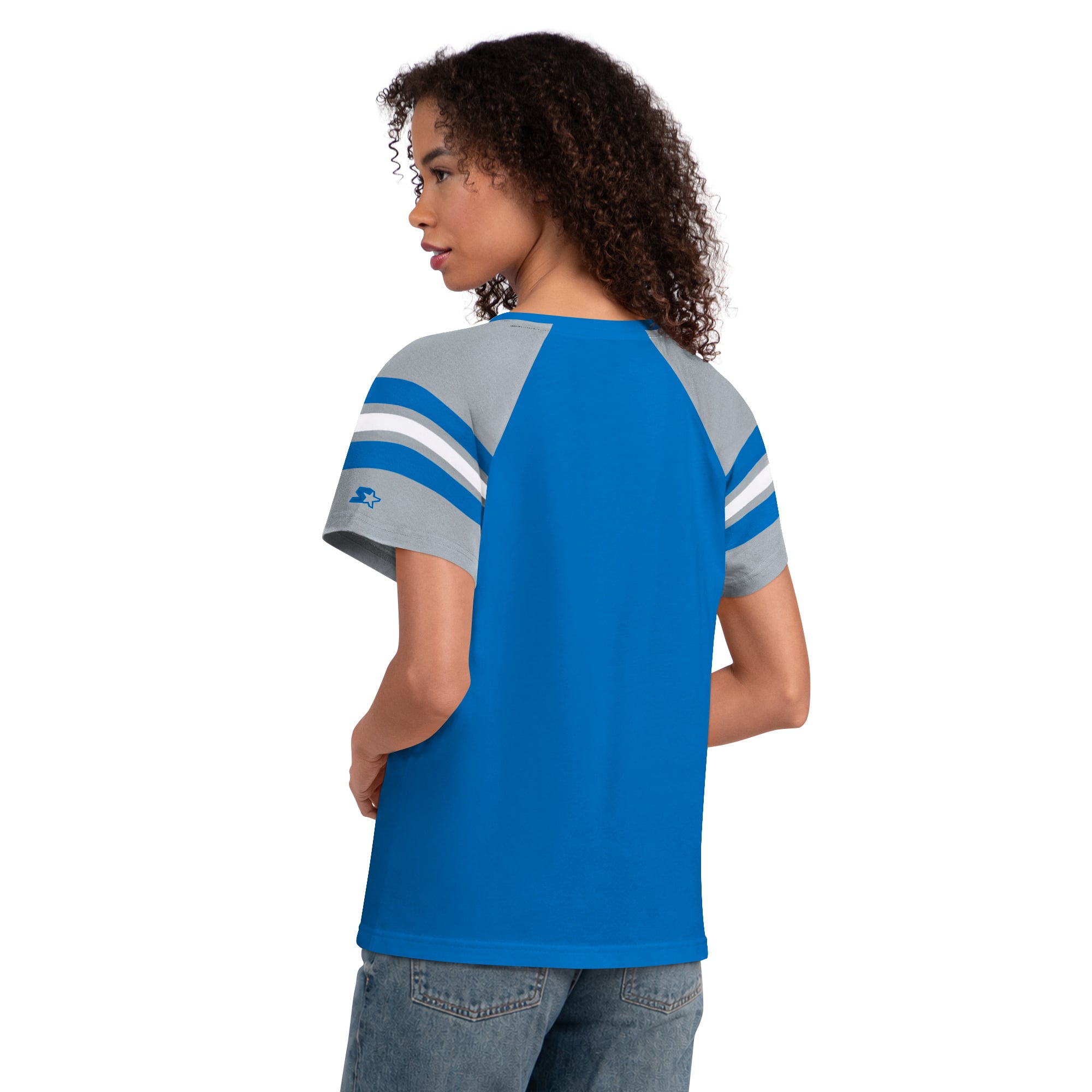 T-shirt raglan à col cranté Starter Blue Detroit Lions pour femmes
