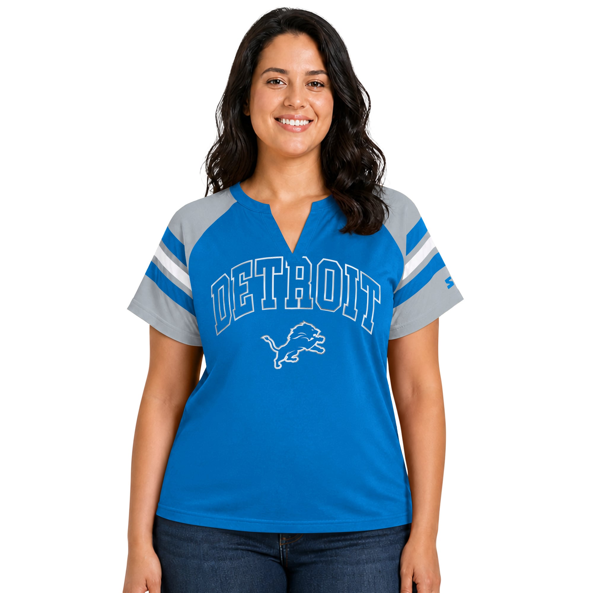 T-shirt raglan à col cranté Starter Blue Detroit Lions pour femme, grande taille