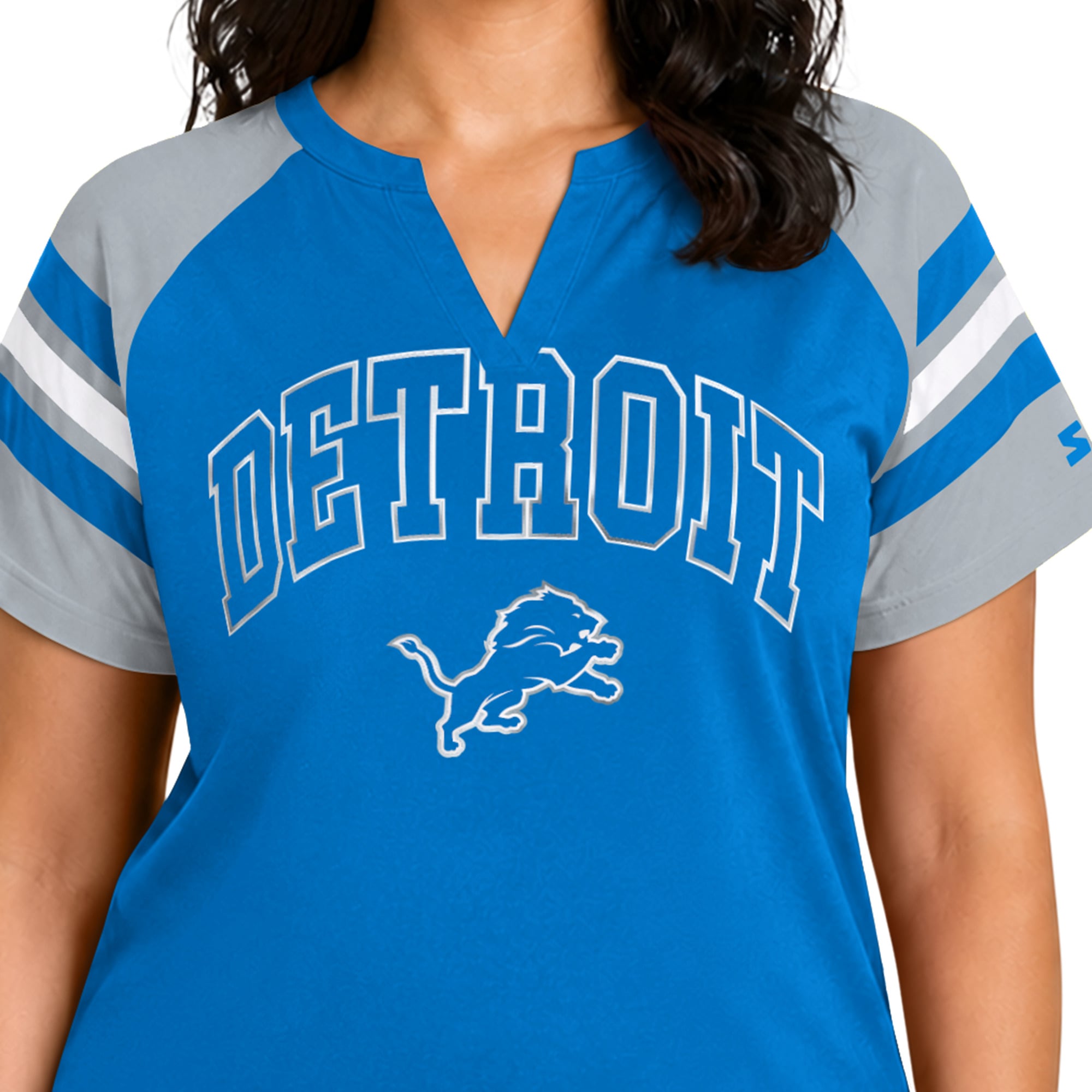 T-shirt raglan à col cranté Starter Blue Detroit Lions pour femme, grande taille