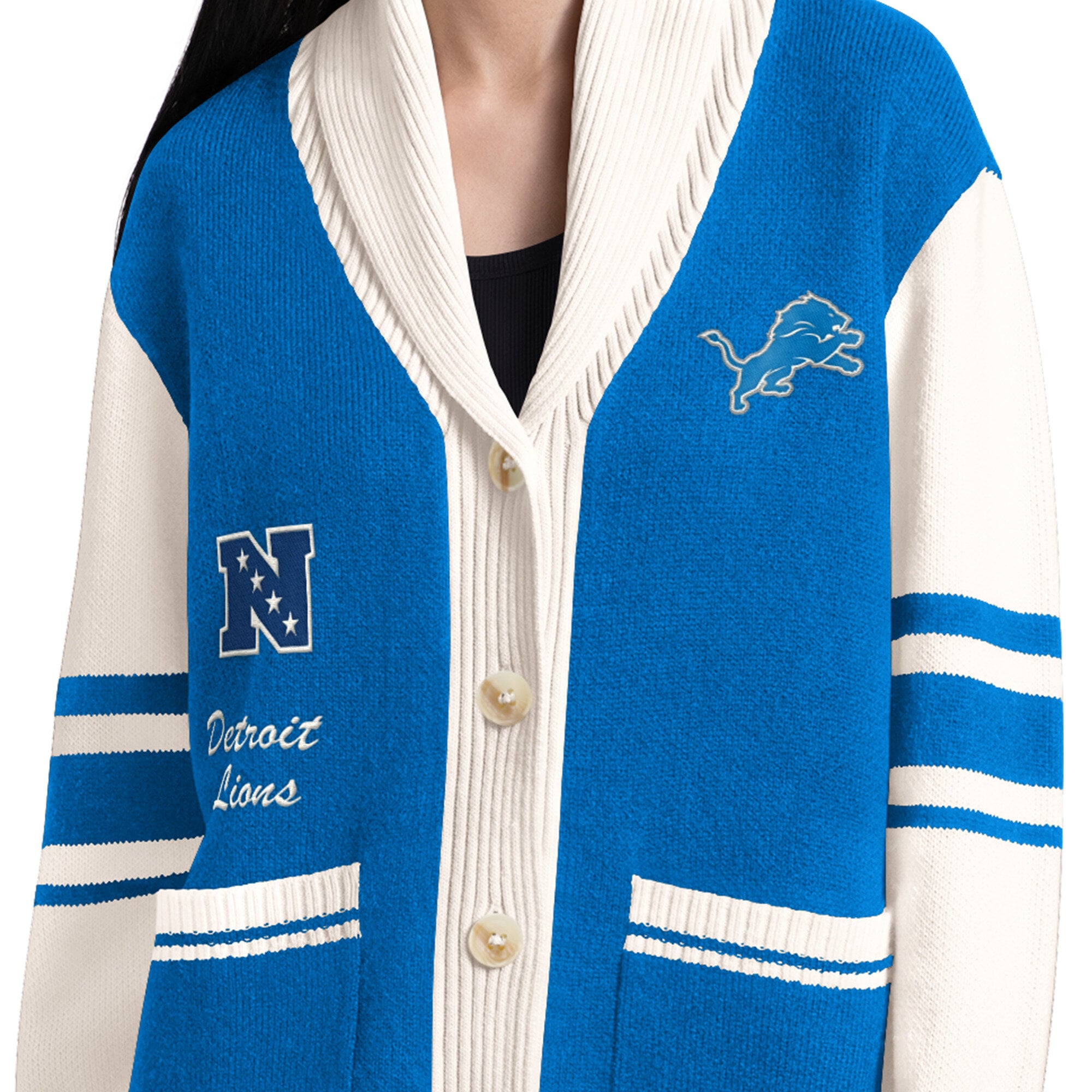 Gilet boutonné à col châle Starter bleu Detroit Lions Strike Zone pour femme