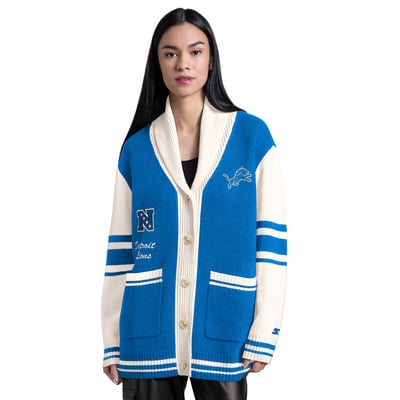 Detroit Lions Starter Women's Strike Zone Shawl-Collar Button-Up Cardigan - Blue