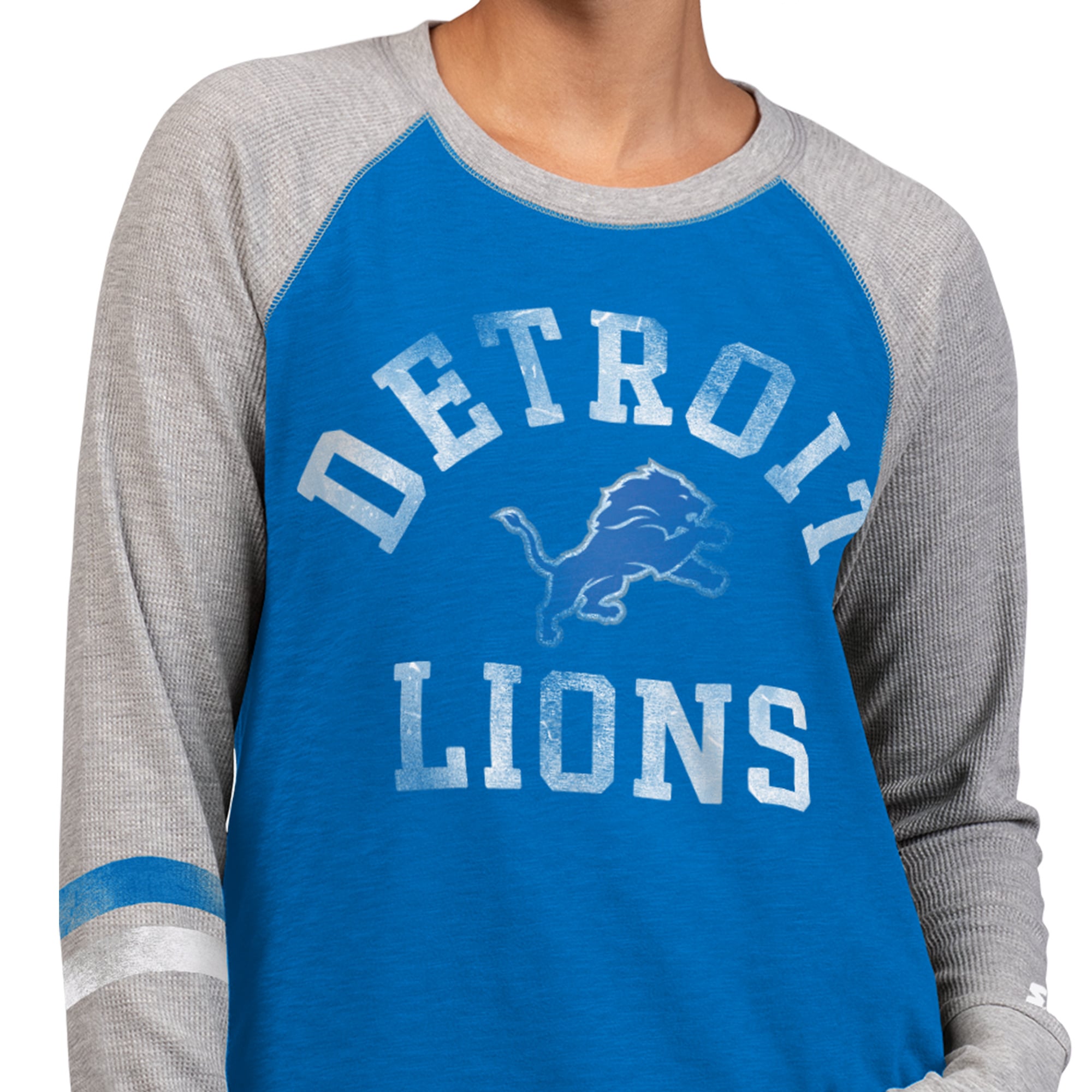 T-shirt à manches longues raglan en maille gaufrée Starter bleu/gris Detroit Lions pour femmes