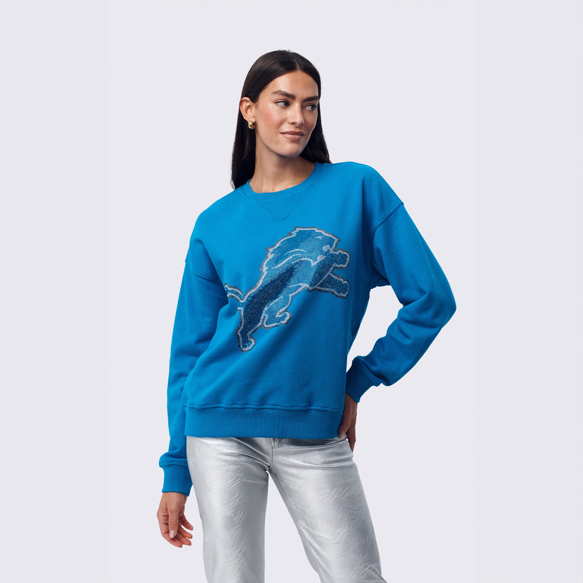 Sweat-shirt à capuche Terez bleu Detroit Lions pour femme, orné d'un logo en pierre précieuse.
