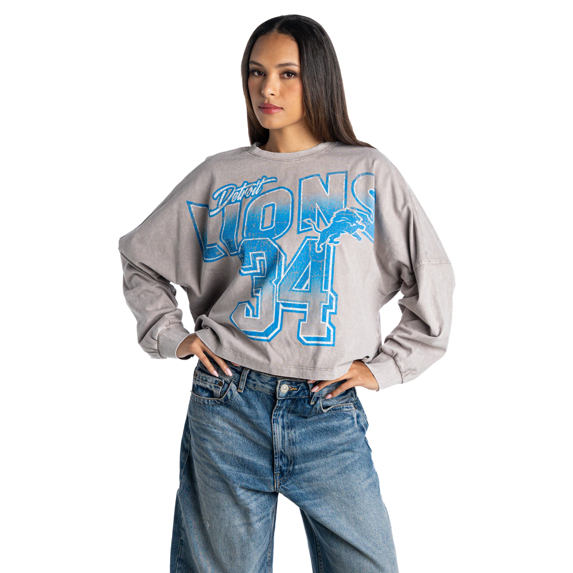 T-shirt à manches longues oversize épaules tombantes pour femme The Wild Collective gris Detroit Lions