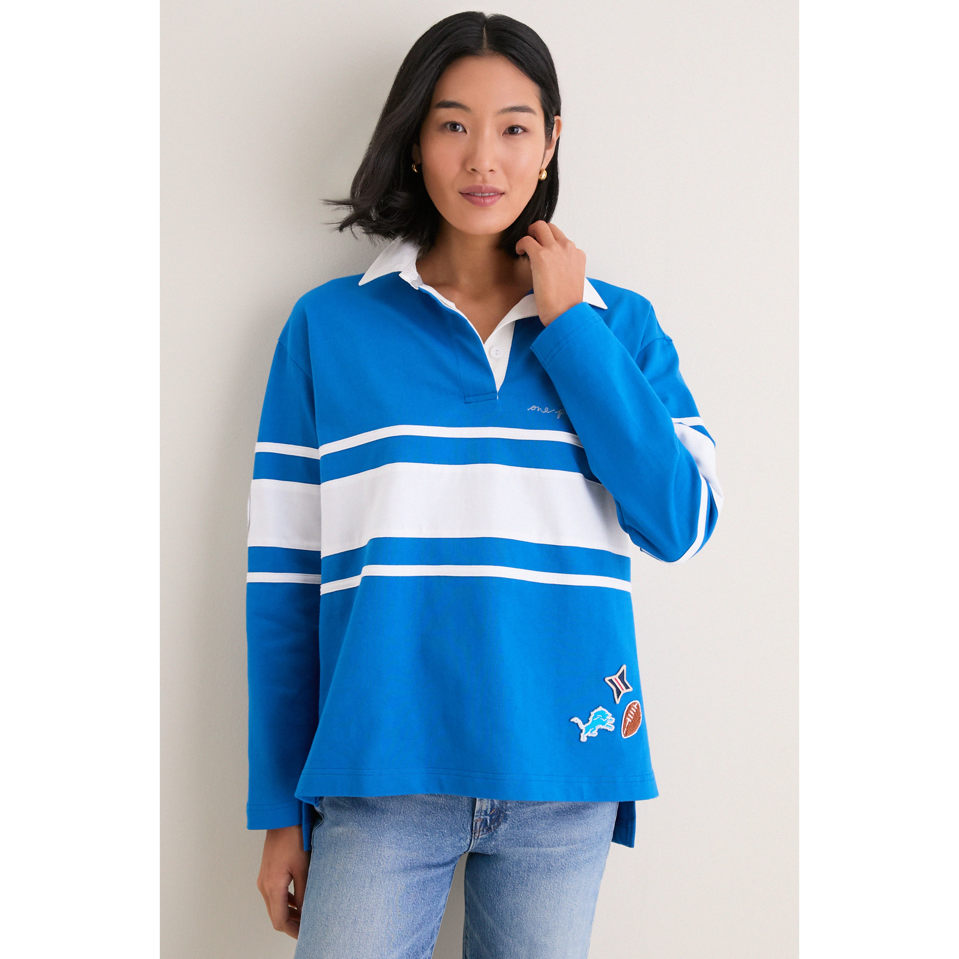 Polo de rugby à manches longues Detroit Lions bleu Tuckernuck pour femme