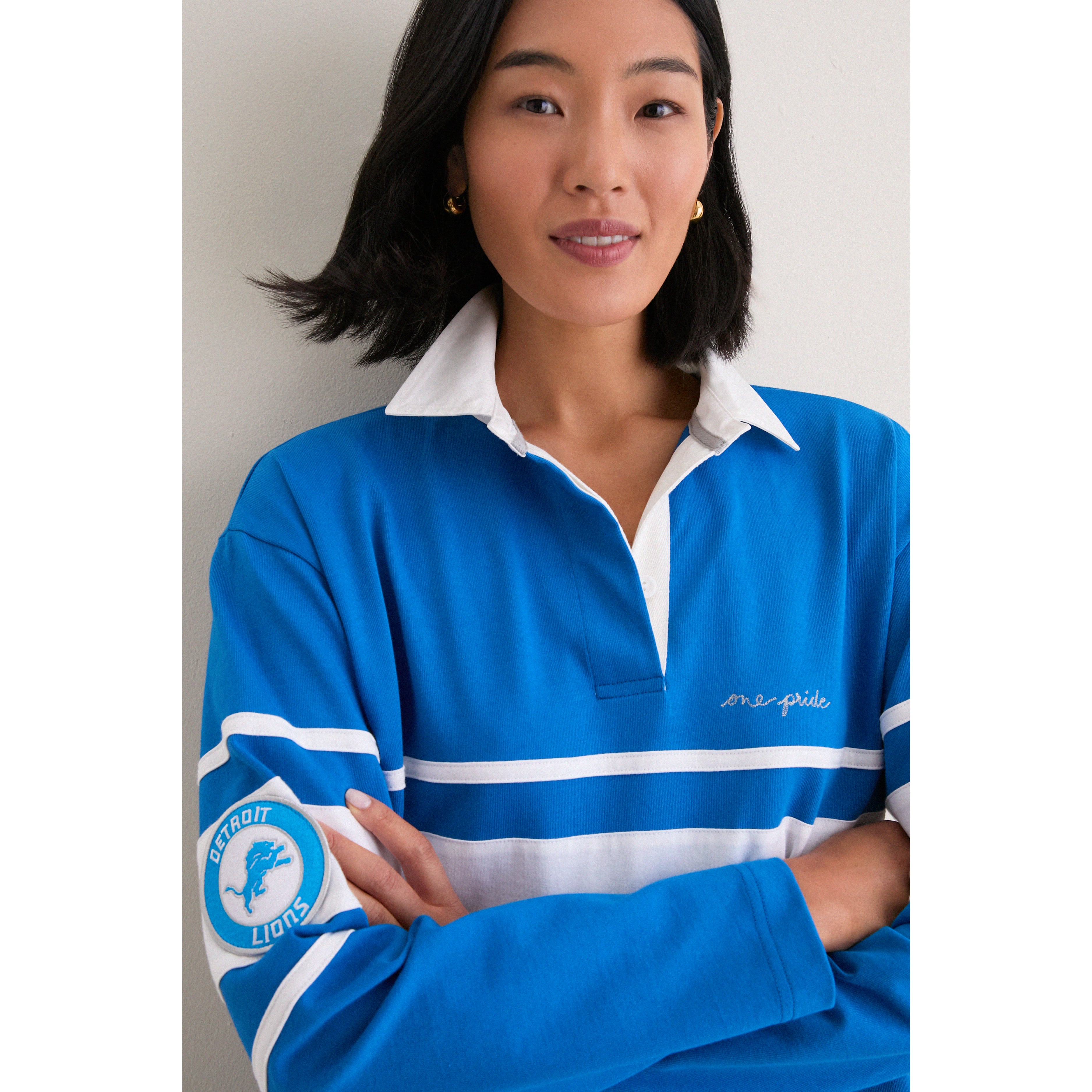 Polo de rugby à manches longues Detroit Lions bleu Tuckernuck pour femme