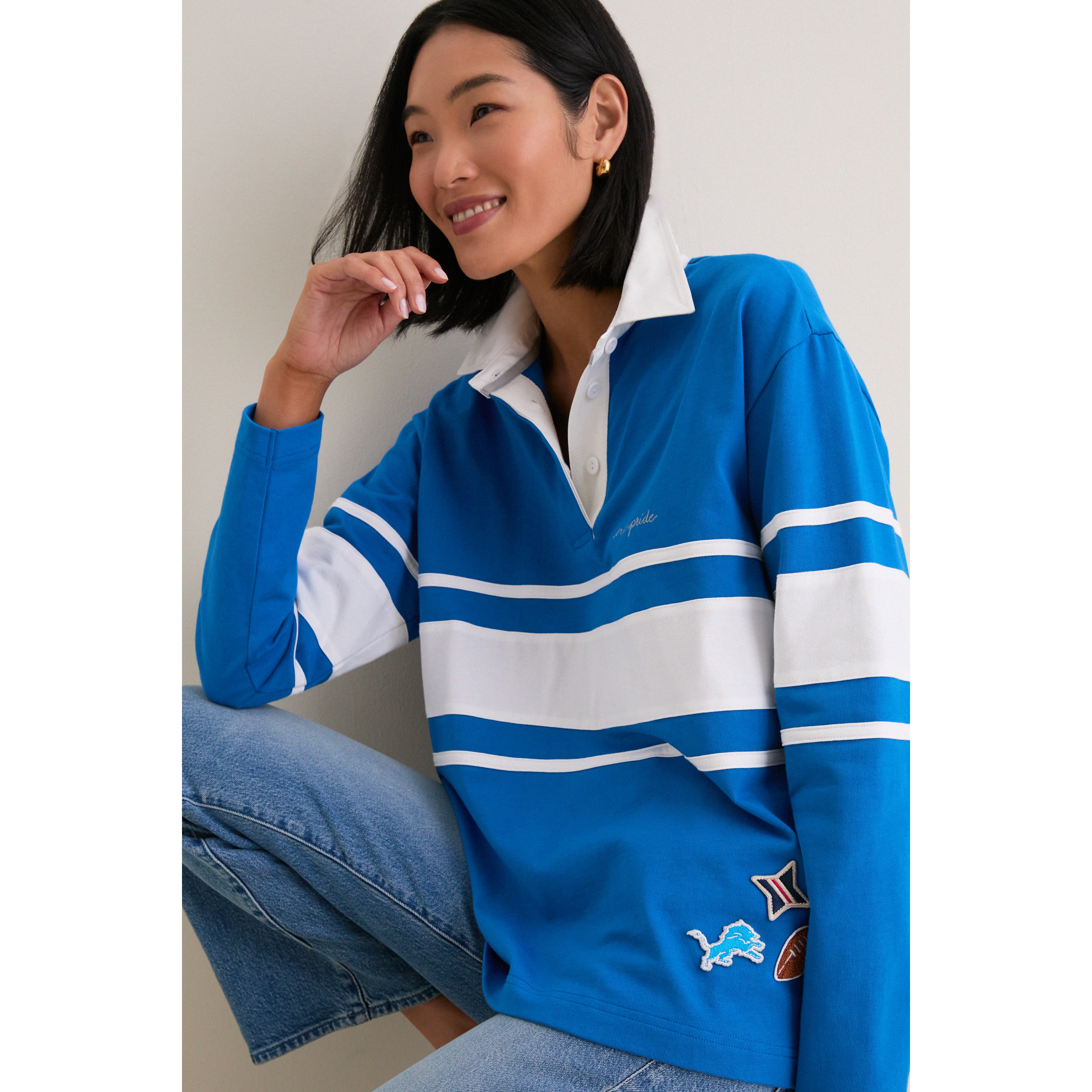 Polo de rugby à manches longues Detroit Lions bleu Tuckernuck pour femme