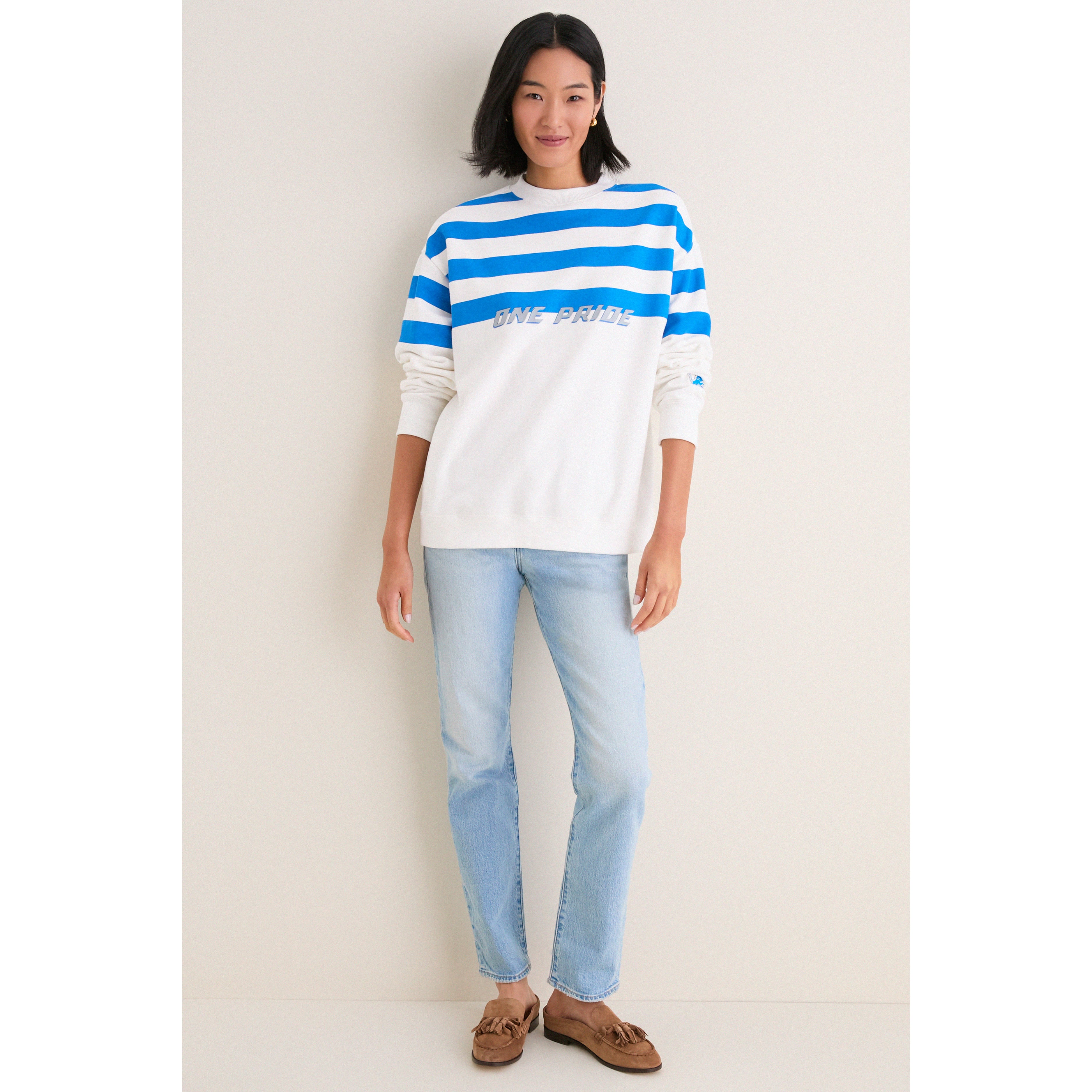 Sweat-shirt rayé blanc et bleu Detroit Lions pour femme Tuckernuck