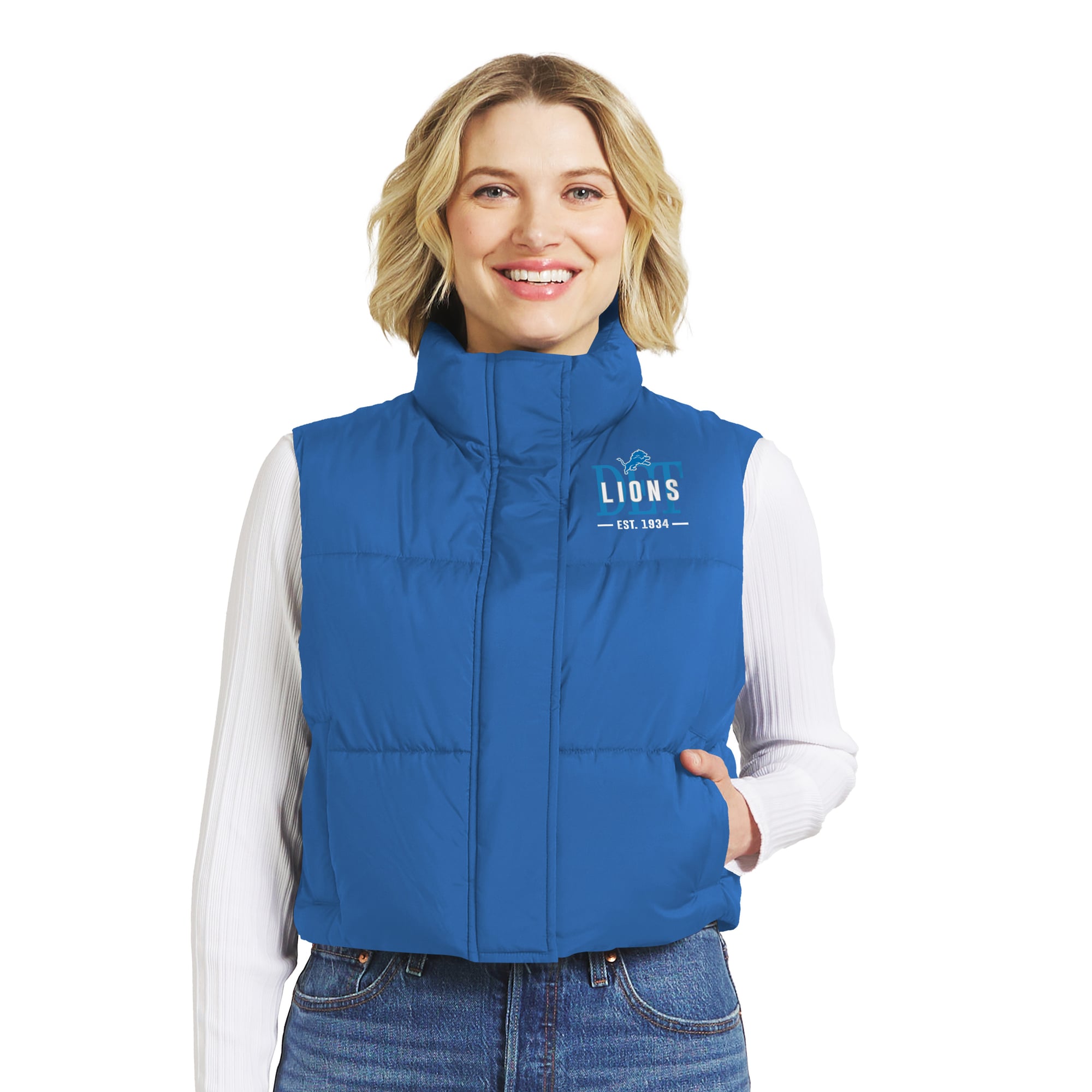 Gilet matelassé court zippé bleu Detroit Lions de la marque WEAR by Erin Andrews pour femmes