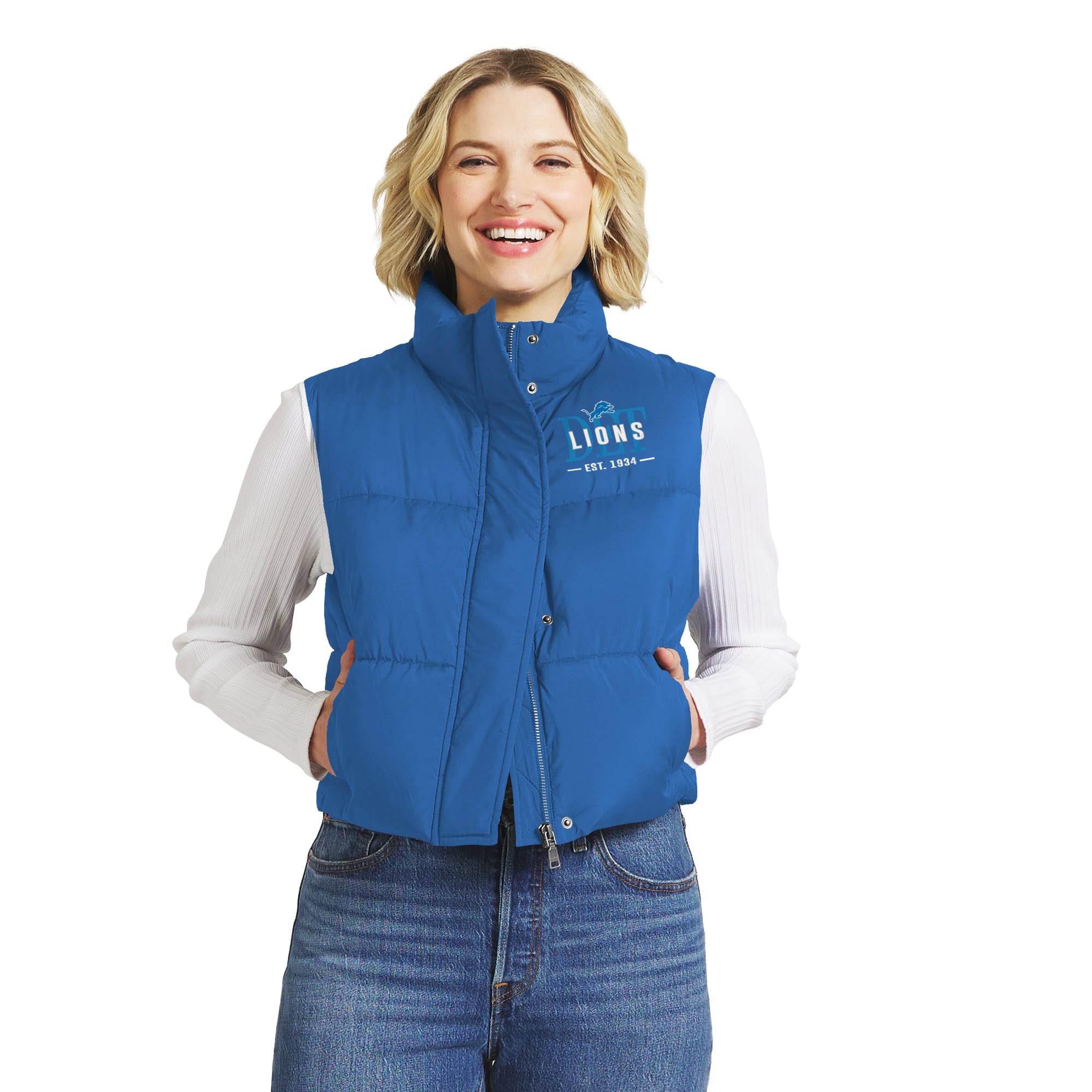 Gilet matelassé court zippé bleu Detroit Lions de la marque WEAR by Erin Andrews pour femmes