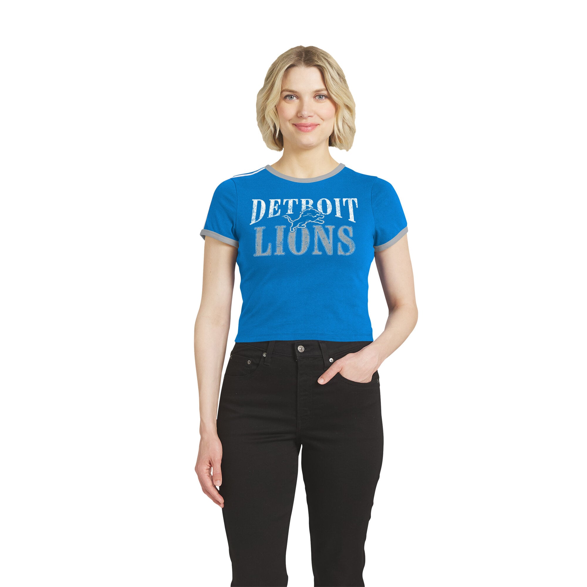 Women's WEAR by Erin Andrews Blue Detroit Lions Cropped Ringer Baby T-Shirt