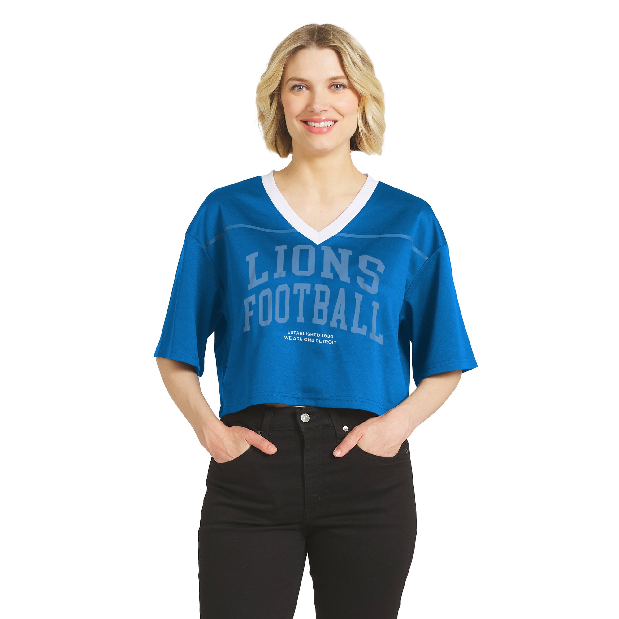 Women's WEAR by Erin Andrews  Blue Detroit Lions Cropped V-Neck Jersey T-Shirt