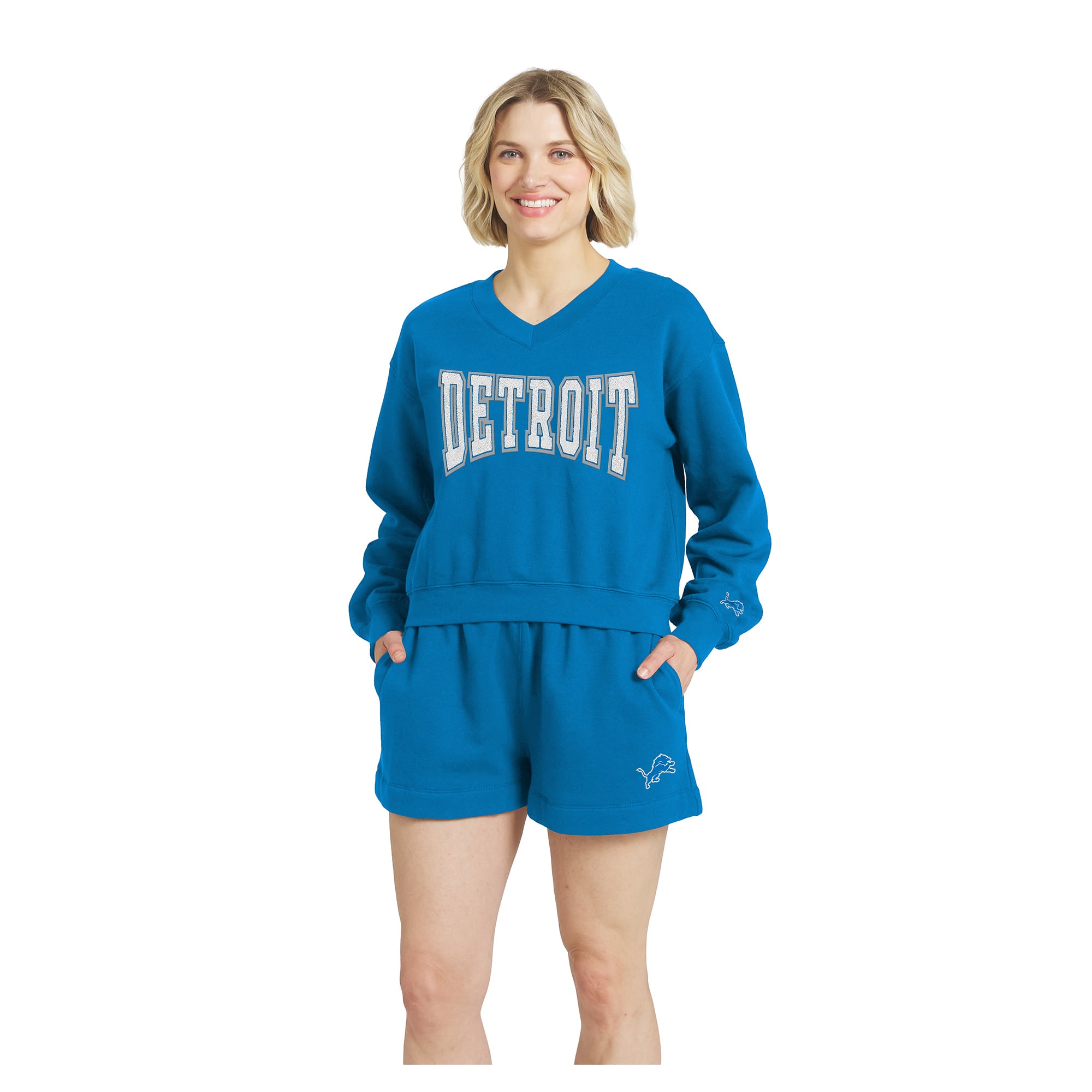 Women's WEAR by Erin Andrews Blue Detroit Lions Fleece V-Neck Lounge Set