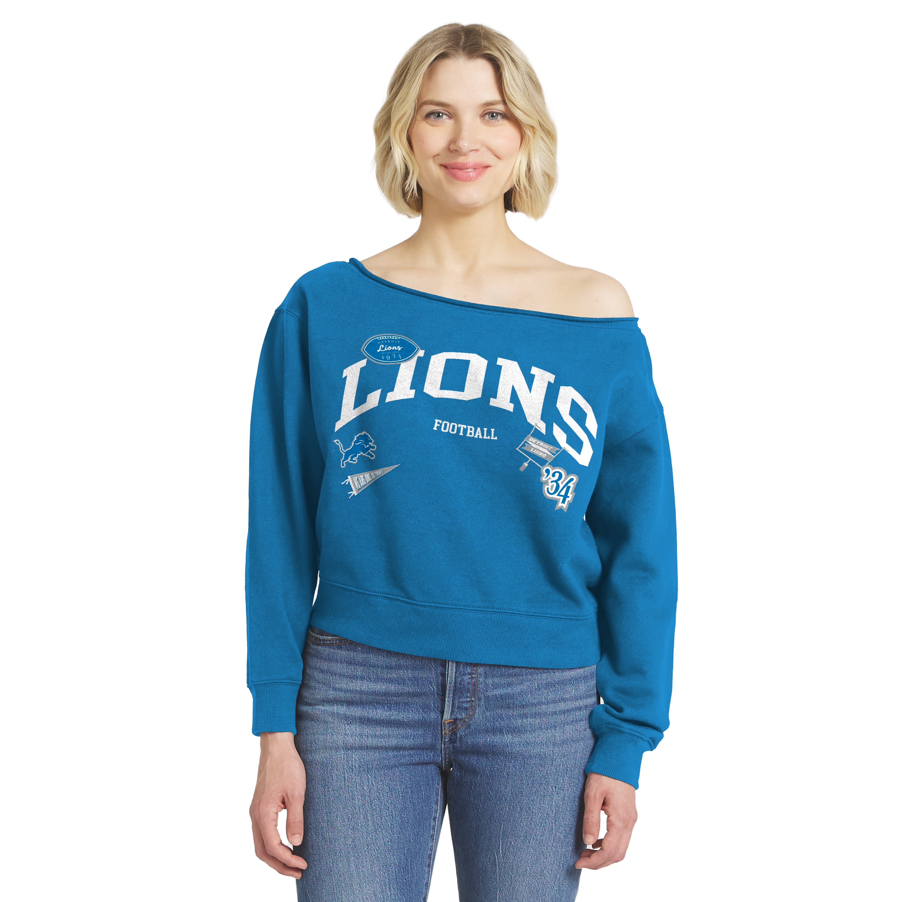 Women's WEAR by Erin Andrews  Blue Detroit Lions Off-the-Shoulder Sweatshirt