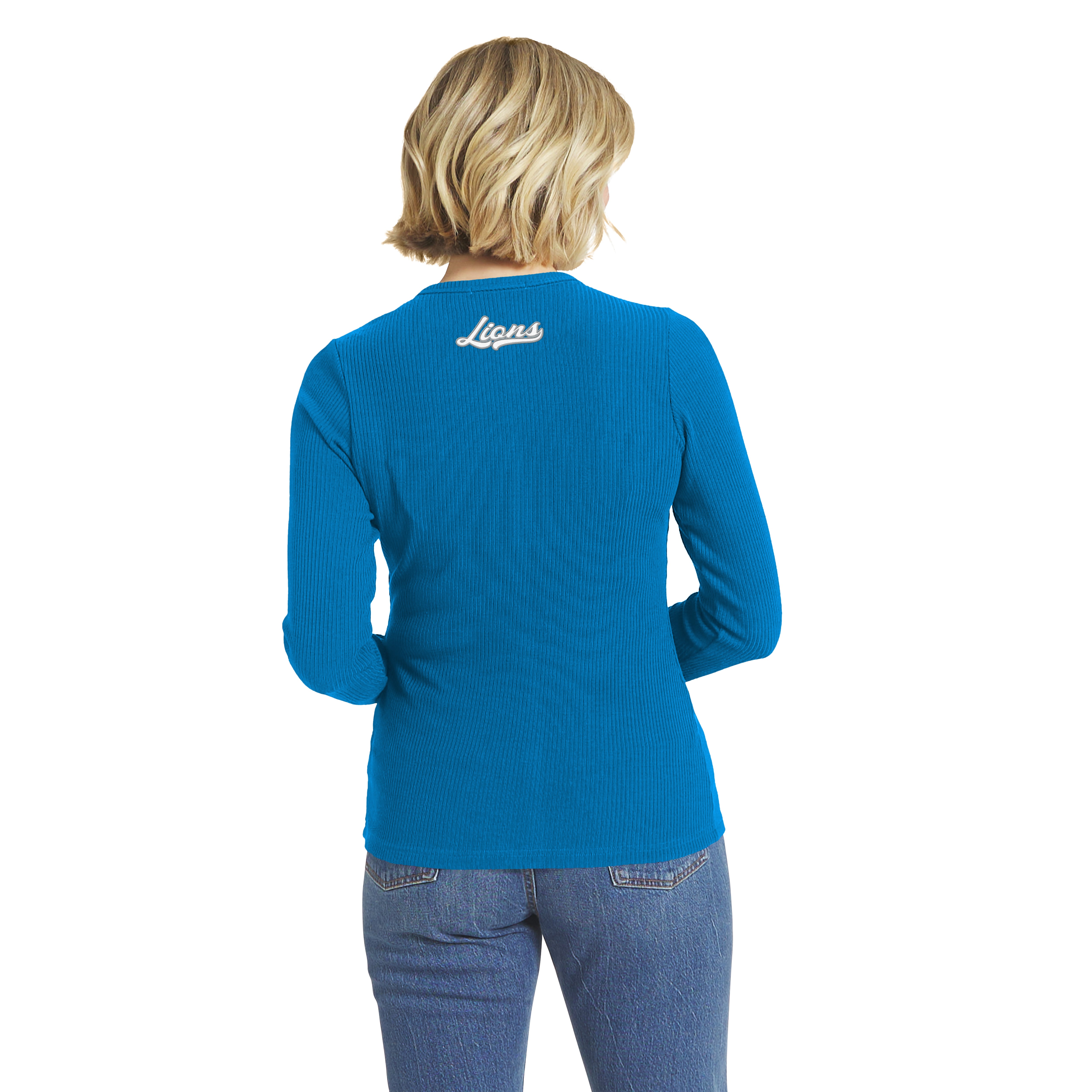 Women's WEAR by Erin Andrews Blue Detroit Lions Ribbed Full-Button Cardigan Sweater