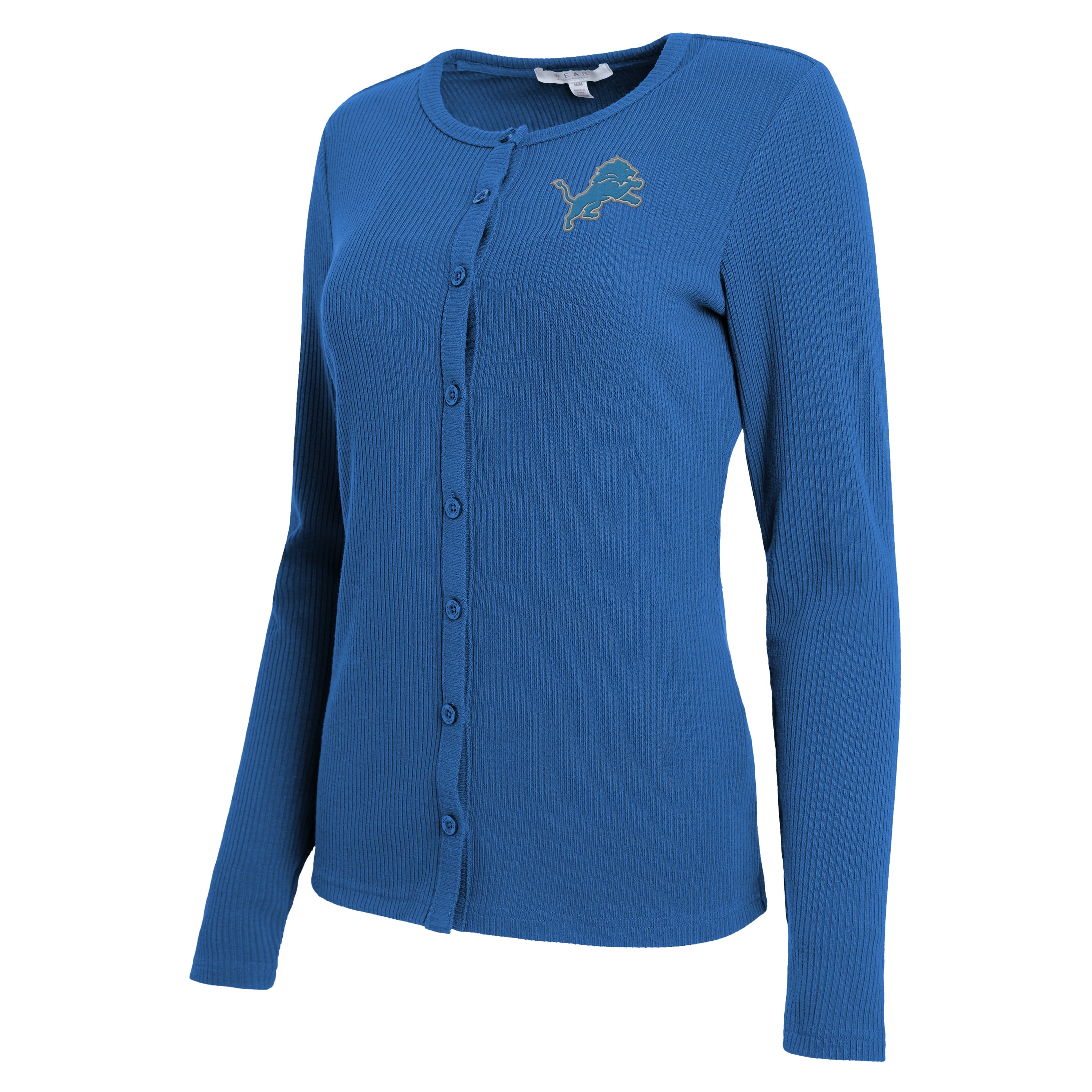 Women's WEAR by Erin Andrews Blue Detroit Lions Ribbed Full-Button Cardigan Sweater