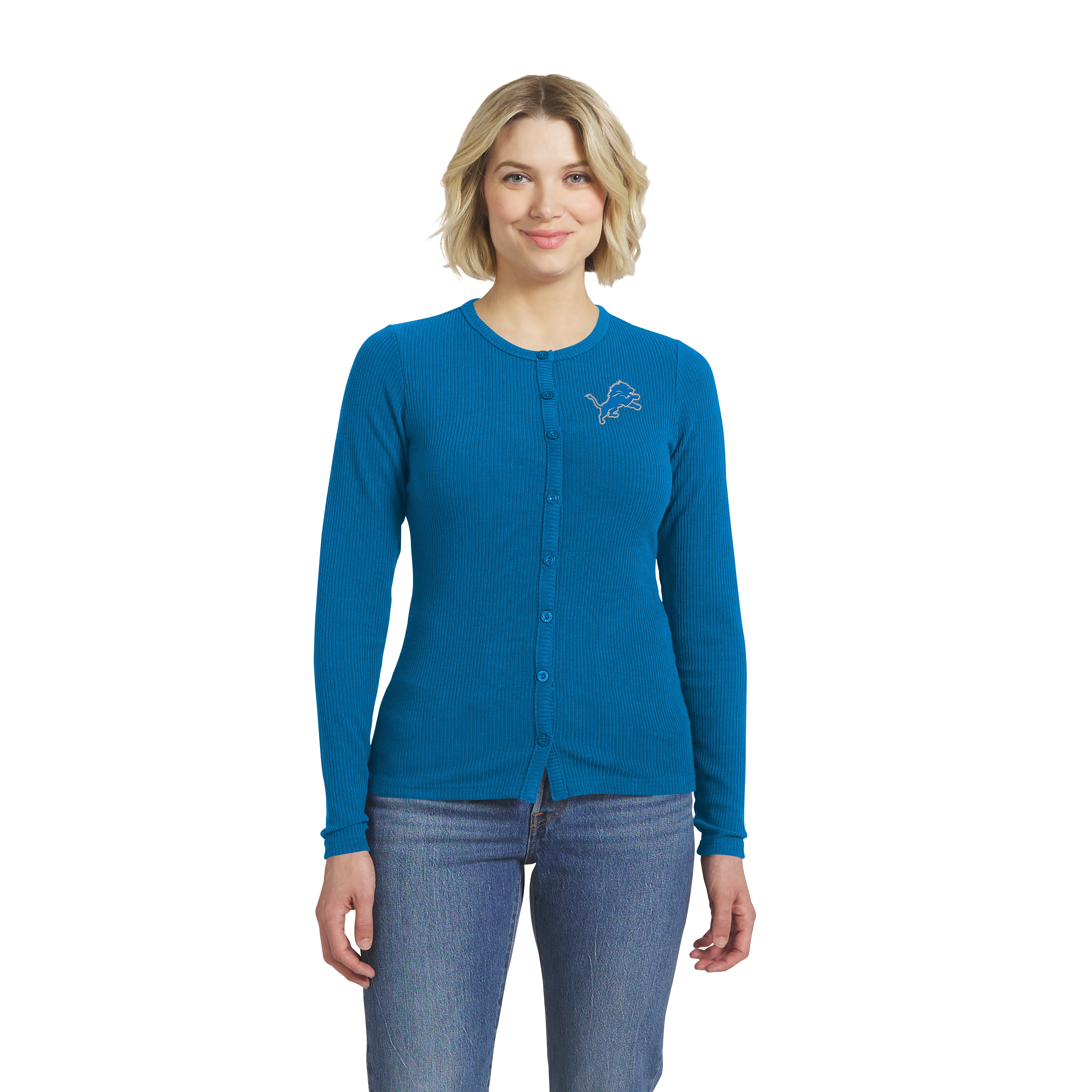 Women's WEAR by Erin Andrews Blue Detroit Lions Ribbed Full-Button Cardigan Sweater