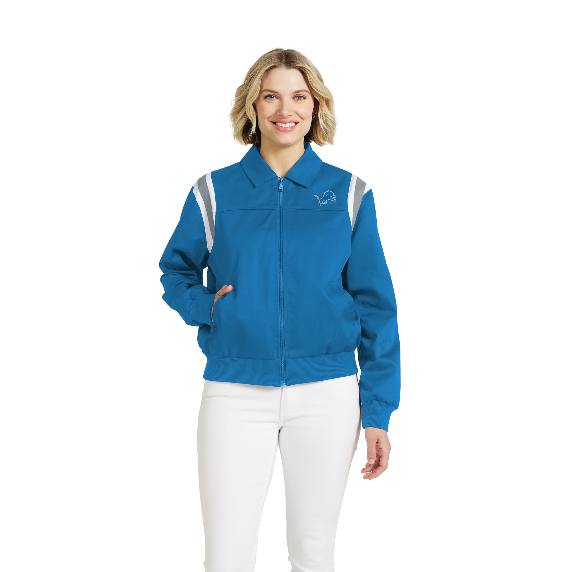 Veste zippée intégrale en sergé à rayures bleues Detroit Lions pour femme, de la marque WEAR by Erin Andrews