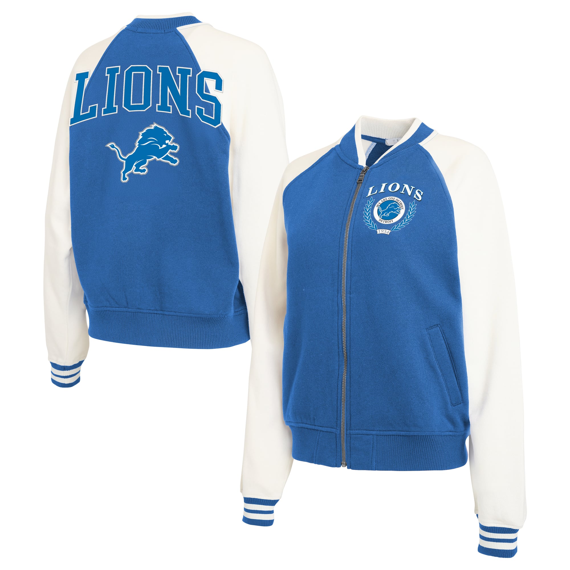 Women's WEAR by Erin Andrews Blue/White Detroit Lions Throwback Plus Fleece Varsity Full-Zip Jacket