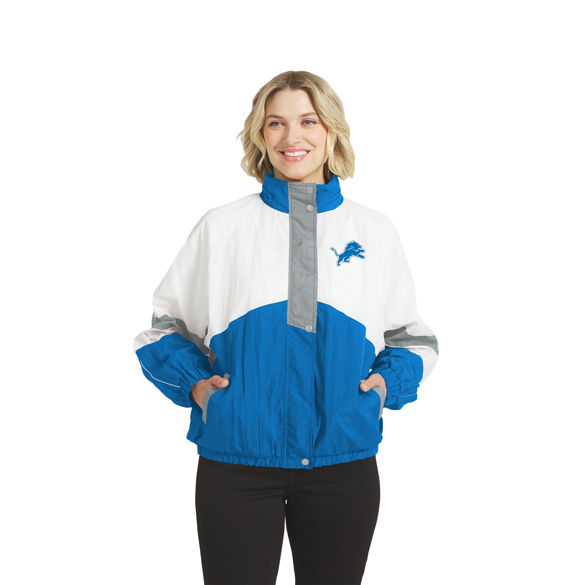 Women's WEAR by Erin Andrews White/Blue Detroit Lions Crinkle Full-Snap Hooded Windbreaker Jacket