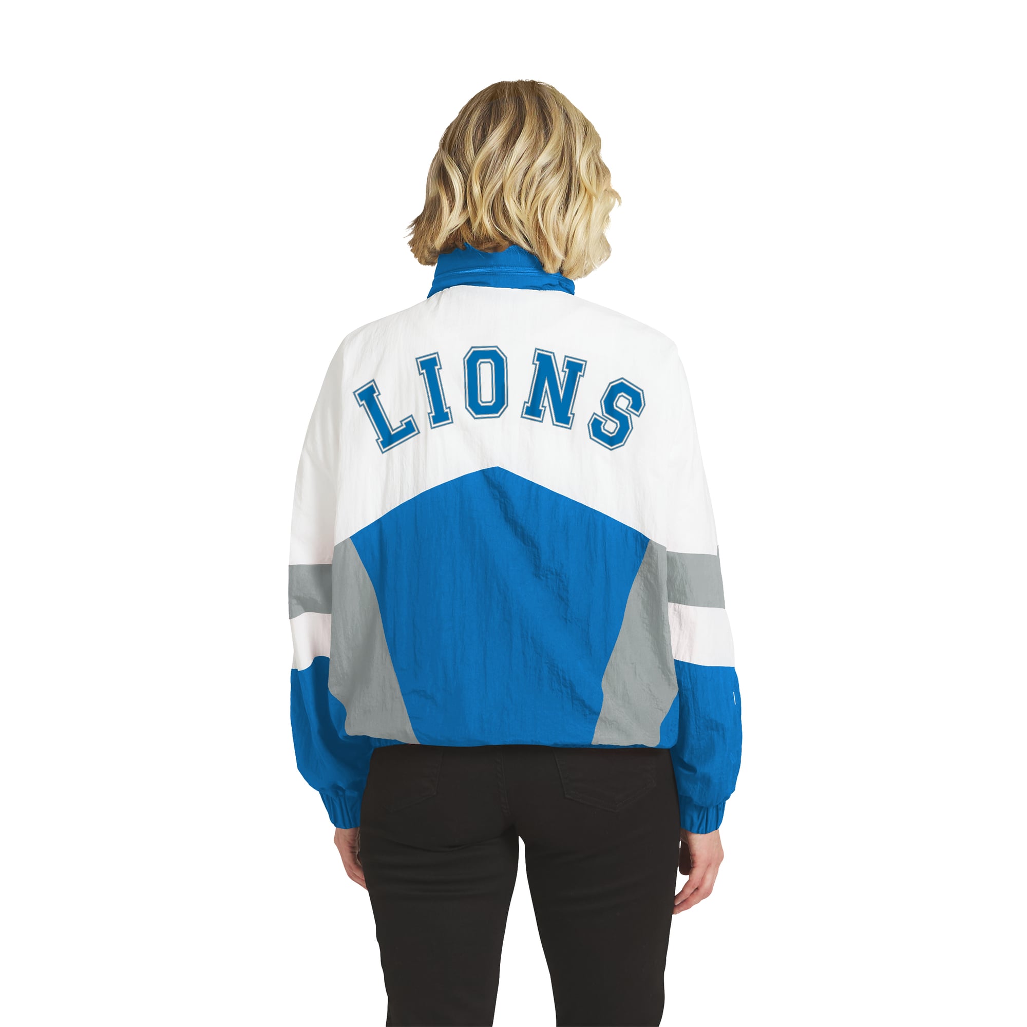 Women's WEAR by Erin Andrews White/Blue Detroit Lions Crinkle Full-Snap Hooded Windbreaker Jacket