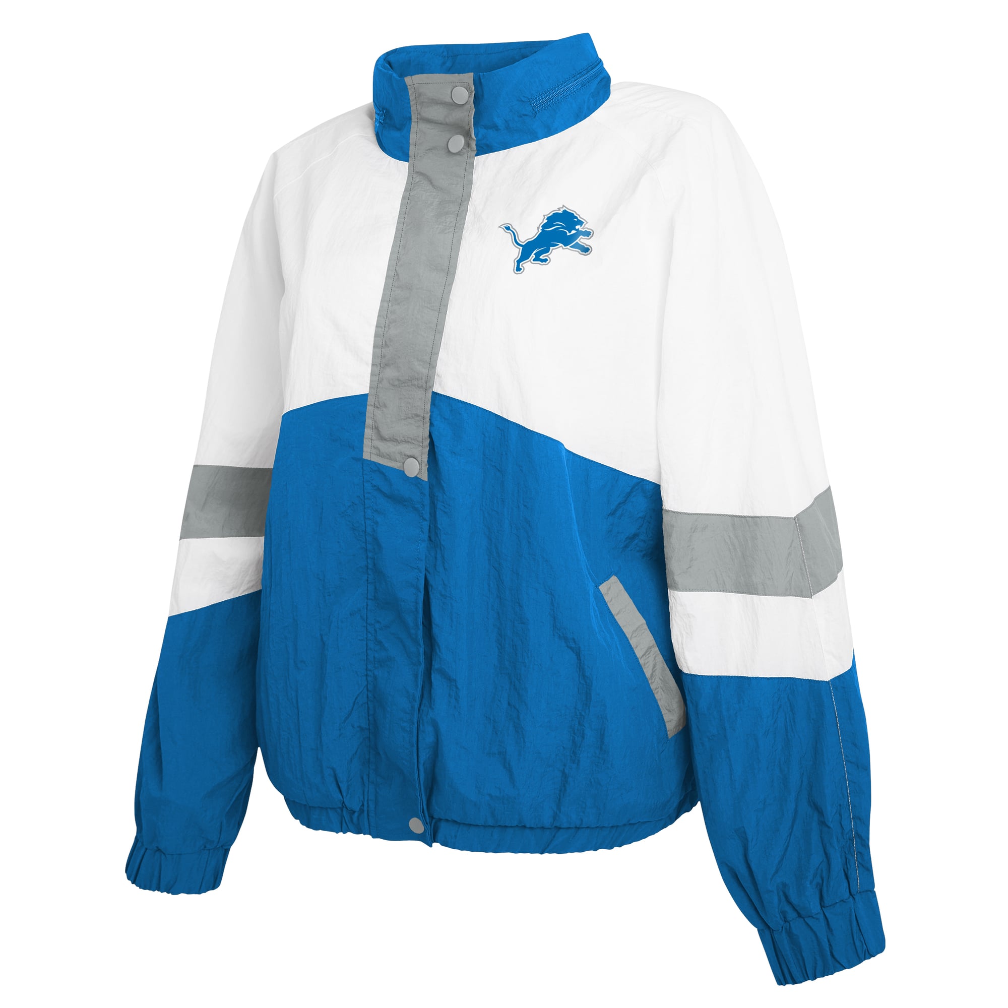 Women's WEAR by Erin Andrews White/Blue Detroit Lions Crinkle Full-Snap Hooded Windbreaker Jacket