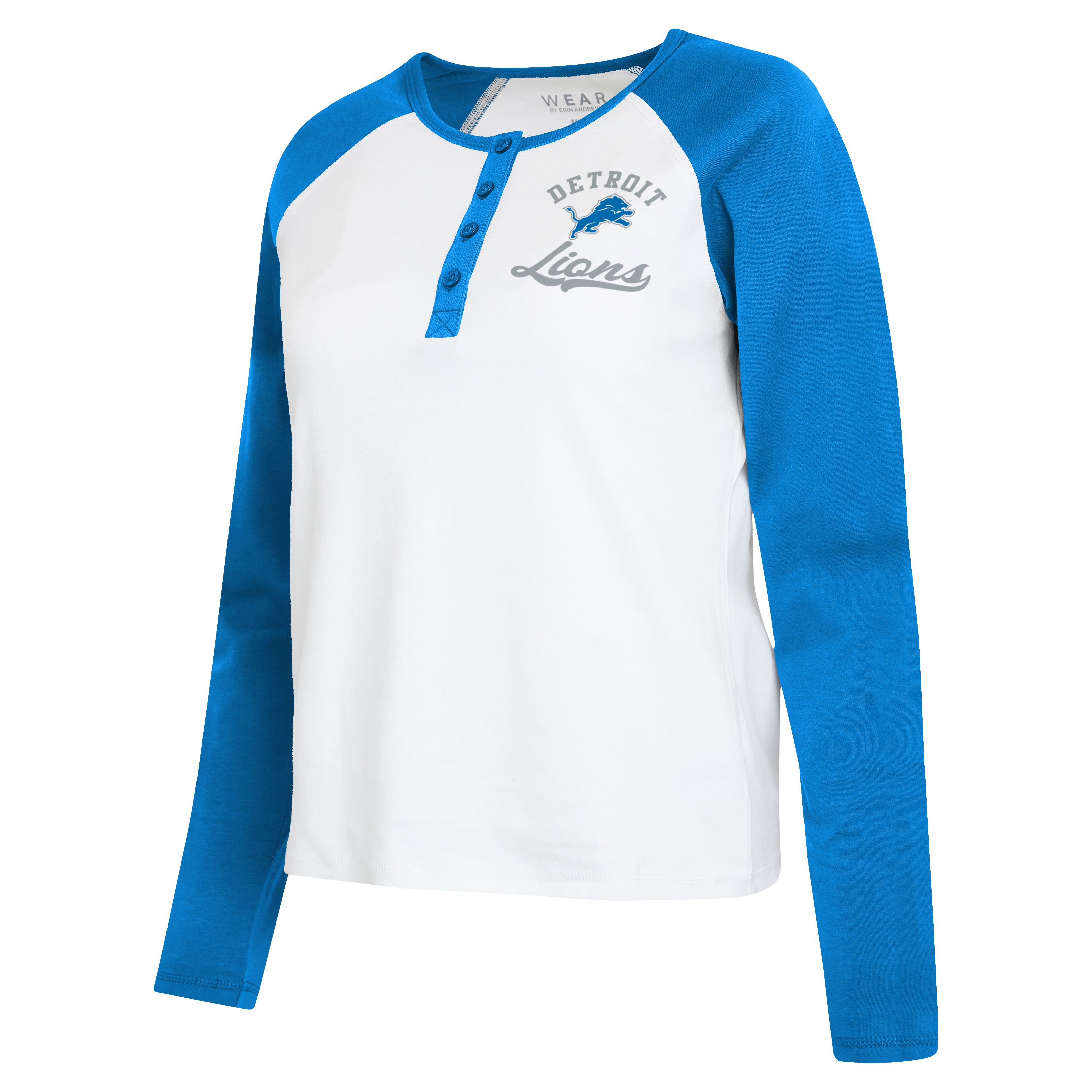 Women's WEAR by Erin Andrews White/Blue Detroit Lions Henley Long Sleeve Raglan T-Shirt