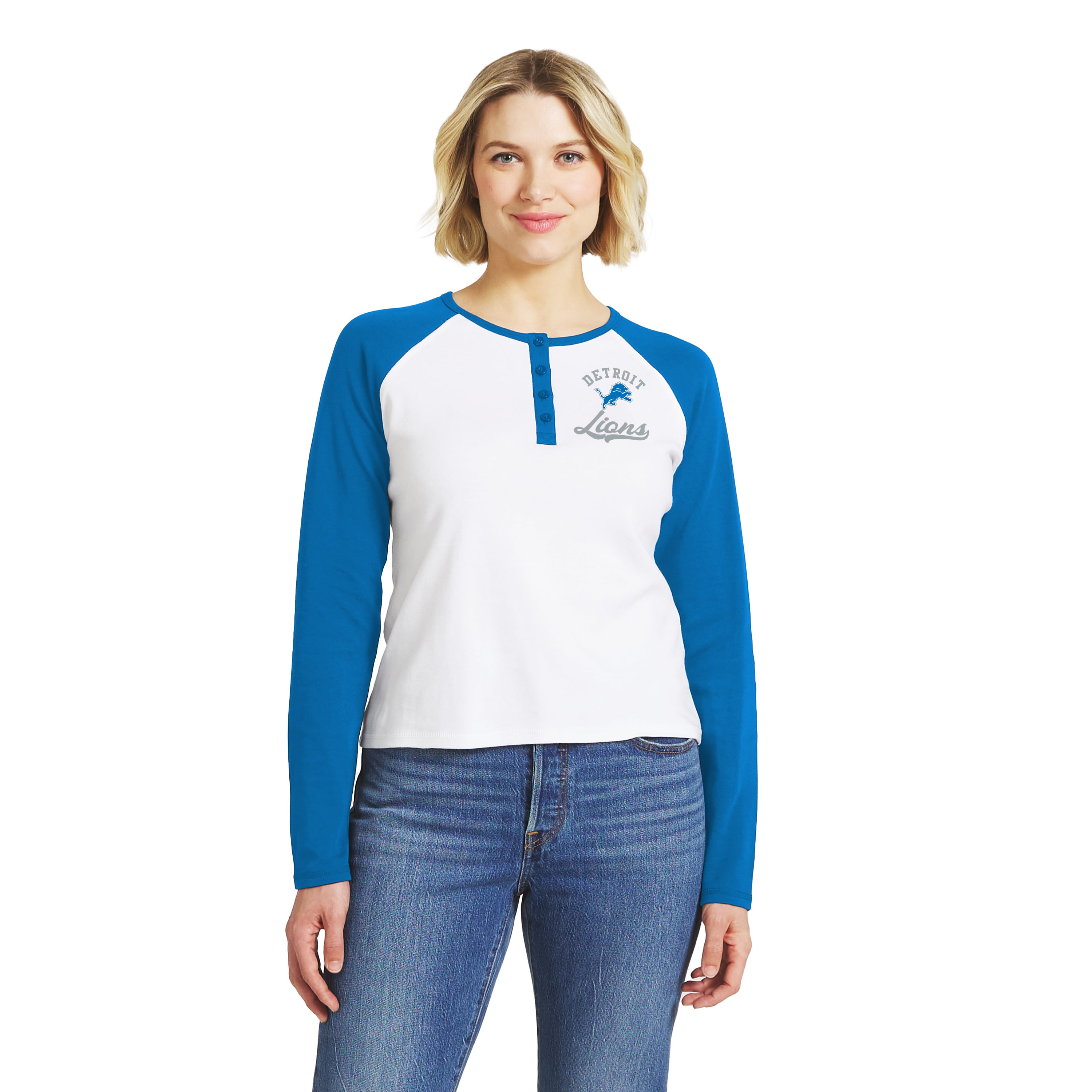 Women's WEAR by Erin Andrews  White/Blue Detroit Lions Henley Long Sleeve Raglan T-Shirt