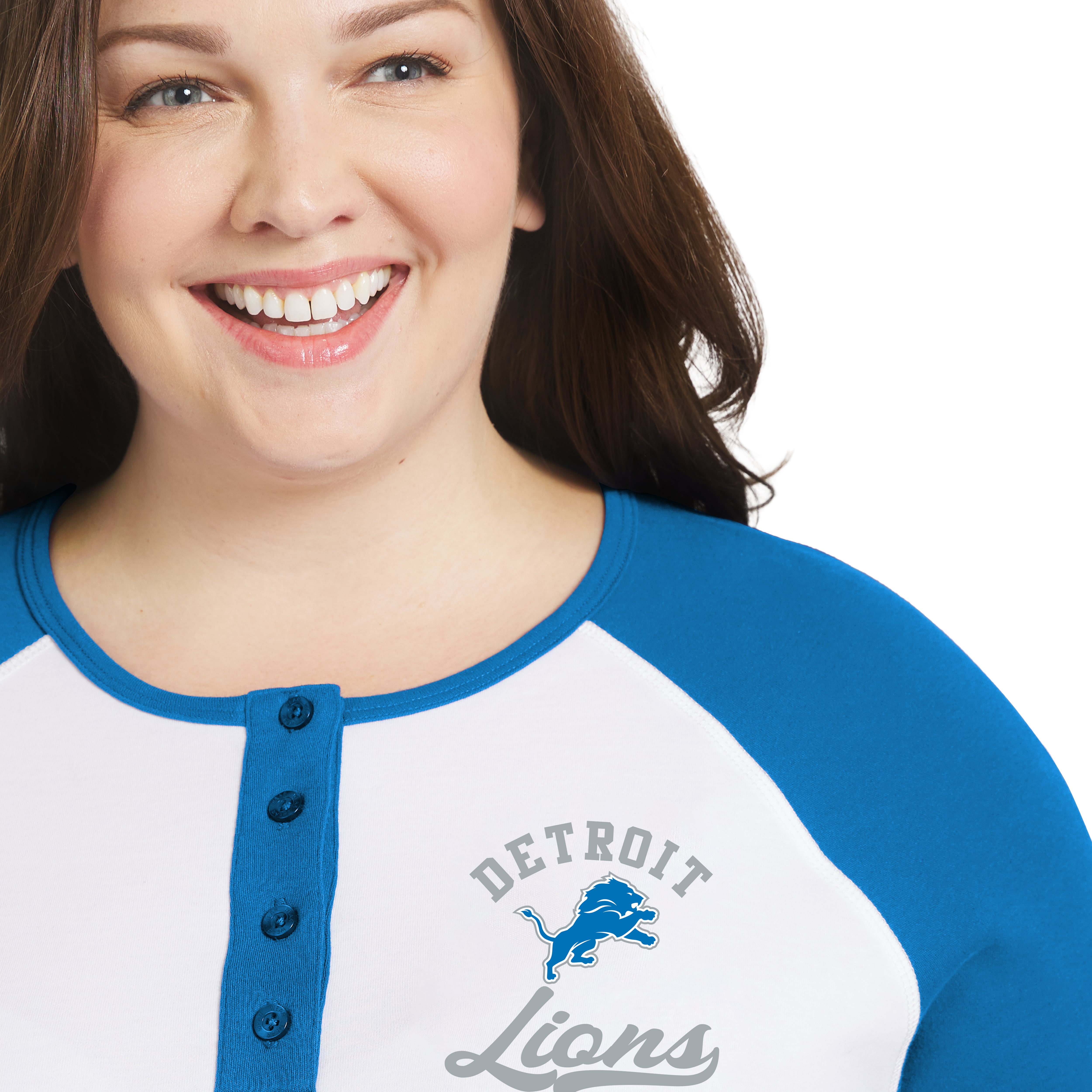 Women's WEAR by Erin Andrews White/Blue Detroit Lions Plus Henley Long Sleeve Raglan T-Shirt