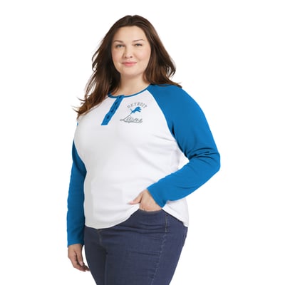  Detroit Lions WEAR by Erin Andrews Women's Plus Size Henley Long Sleeve Raglan T-Shirt - White/Blue